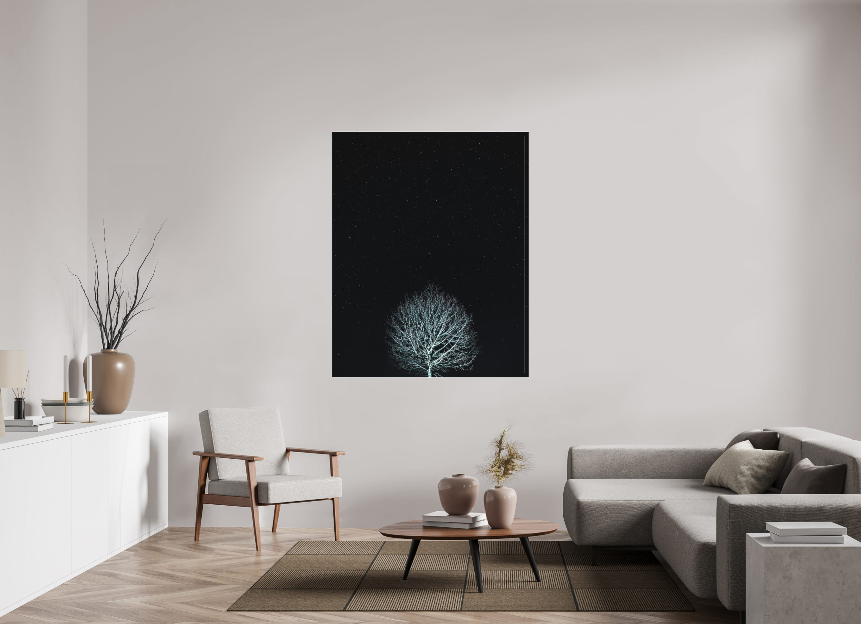 120 x 150 cm, Acrylic matt 2mm - Alu Slime Frame - white Tree at night