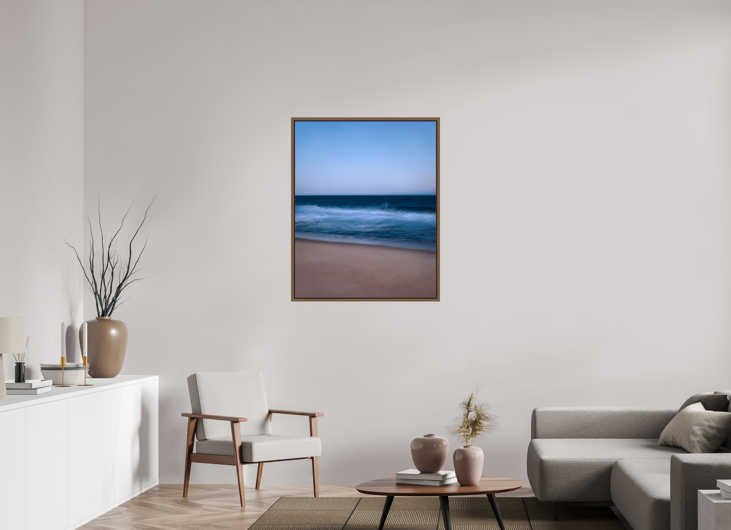 80 x 100 cm, Acrylic glossy 2mm - American case 15mm - walnut Long Island Beach