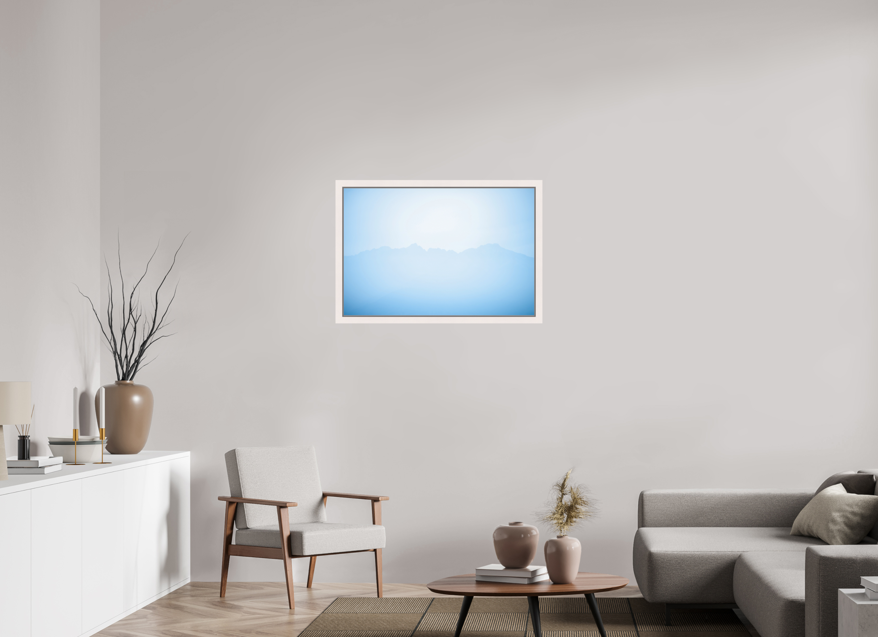 90 x 60 cm, Acrylic matt 2mm - American case 31mm - mapple white Mountains of Como Lac