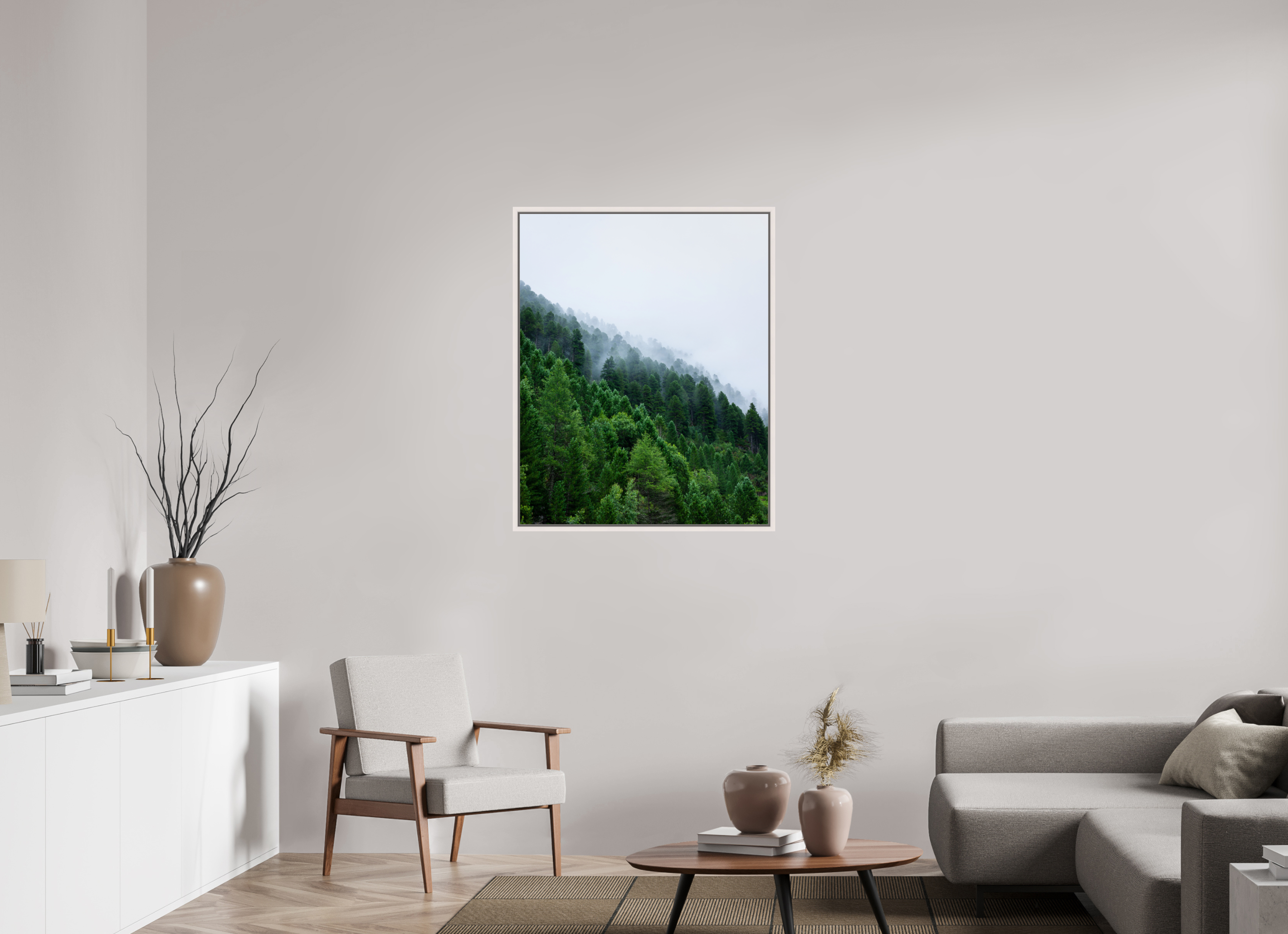 80 x 100 cm, Acrylic glossy 2mm - American case 15mm - maple white Trees lined slope