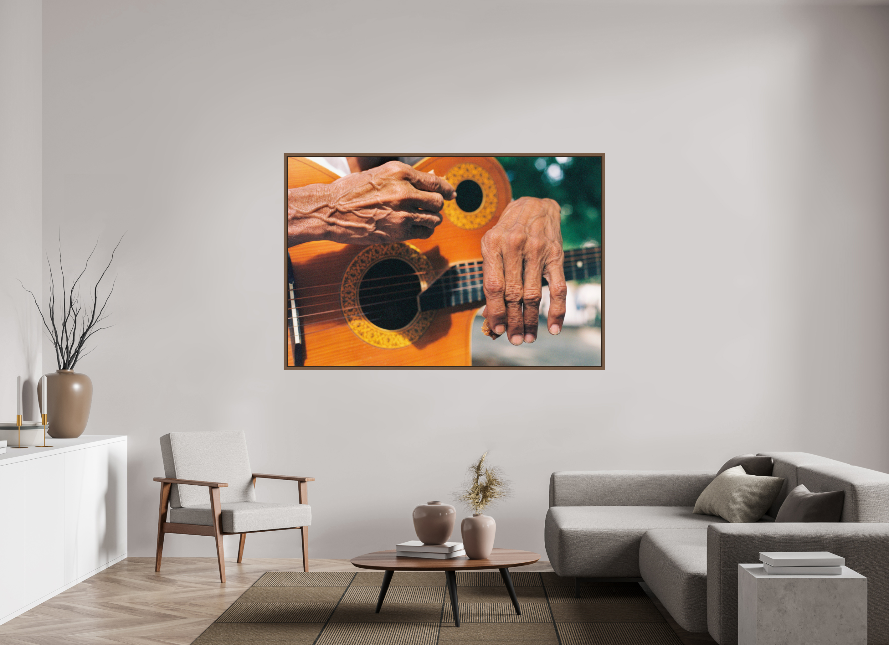 180 x 120 cm, Acrylic glossy 2mm - American case 15mm - walnut Cuban Street Guitarist