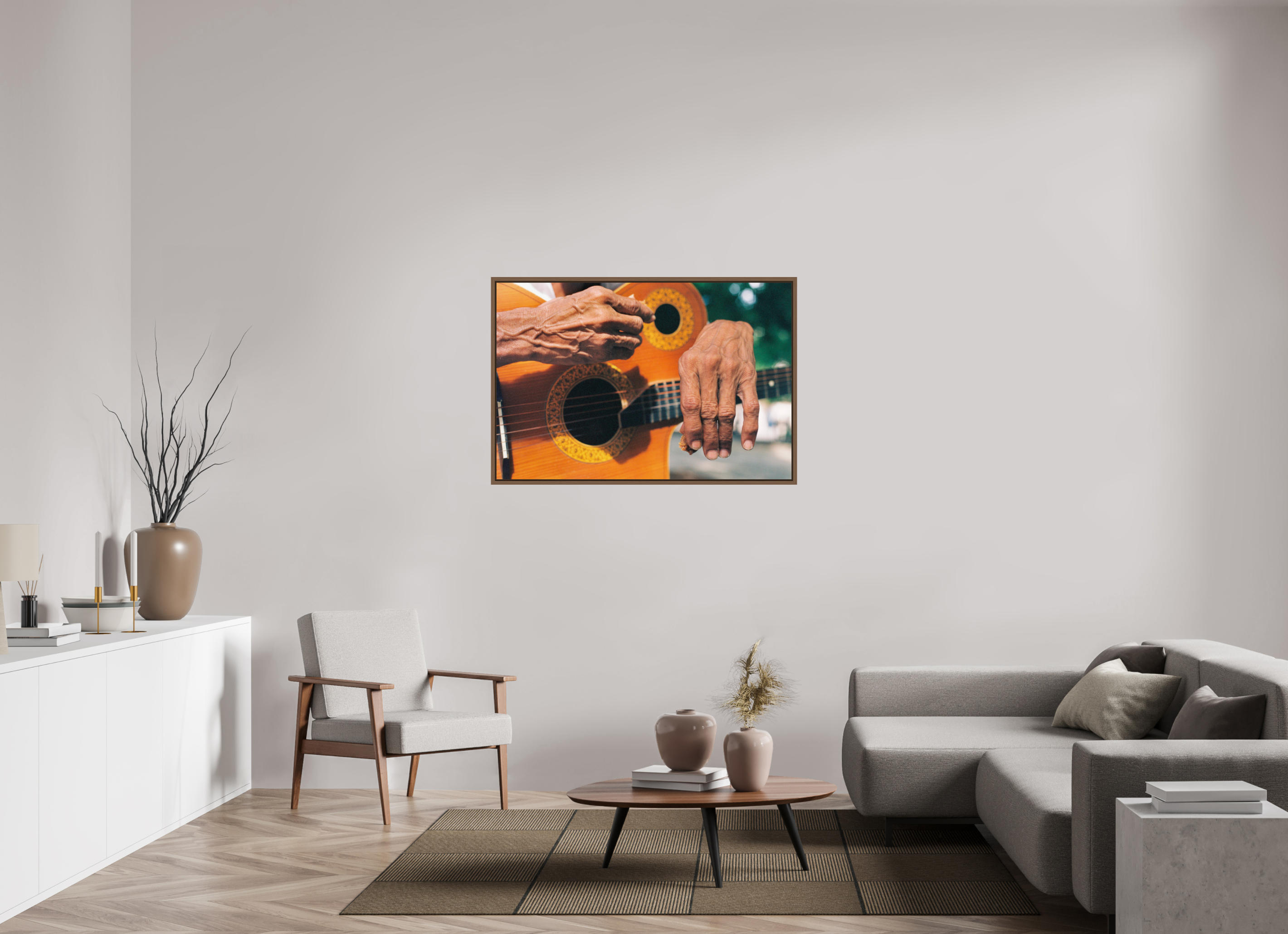 120 x 80 cm, Acrylic glossy 2mm - American case 15mm - walnut Cuban Street Guitarist