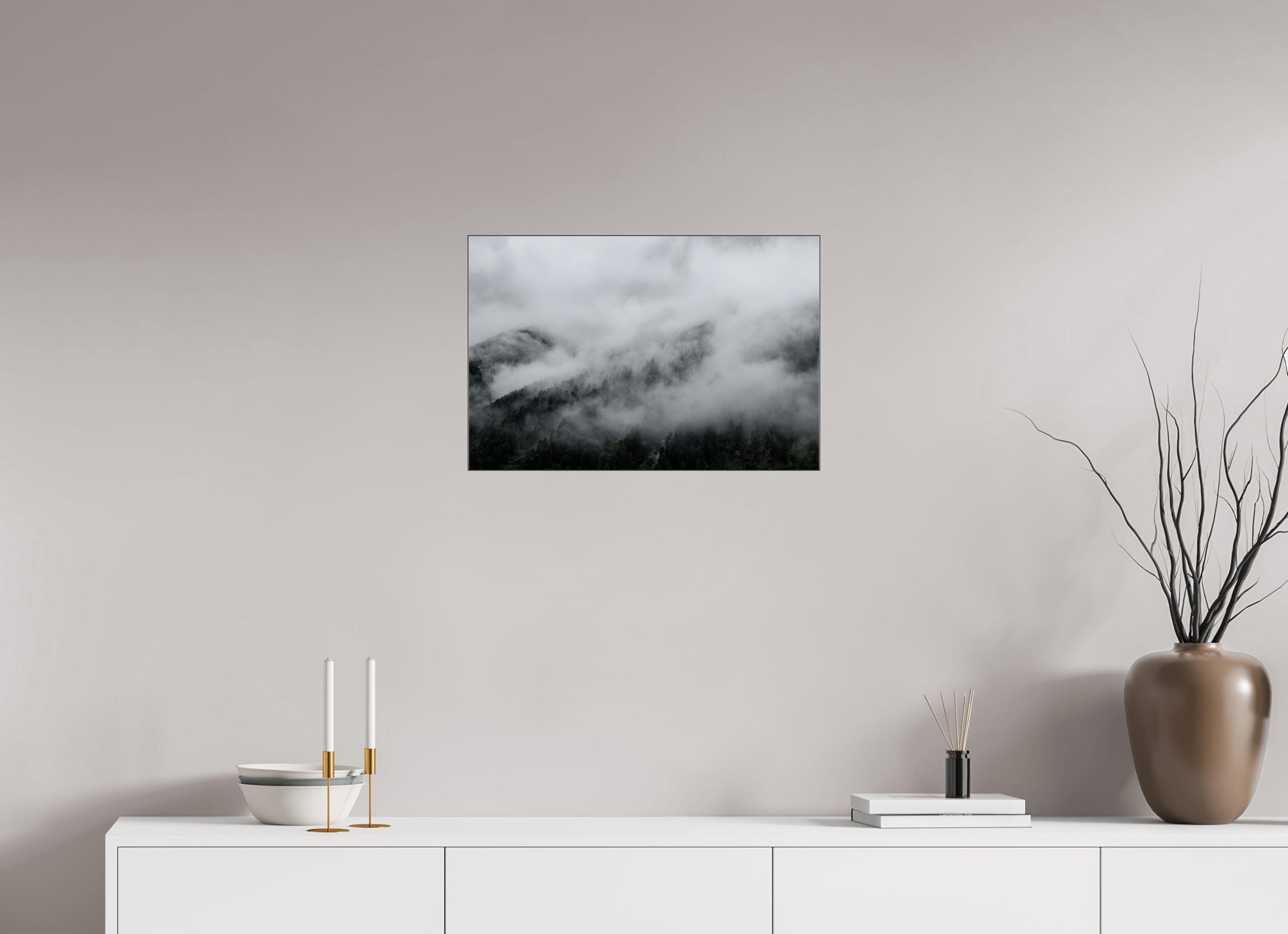 60 x 40 cm, Acrylic glossy 2mm - Alu Slime Frame - black The misty Mountains