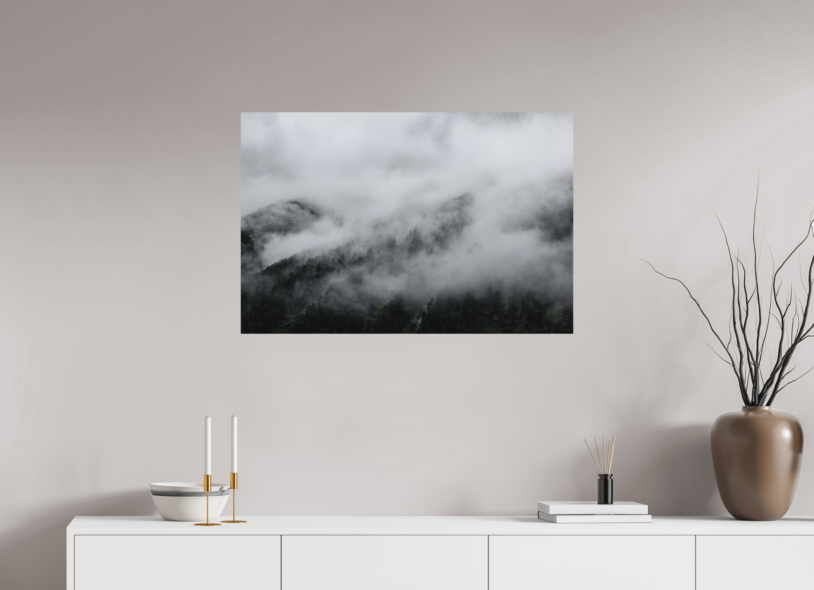 90 x 60 cm, Photo print Matt on Alu Dibond The misty Mountains
