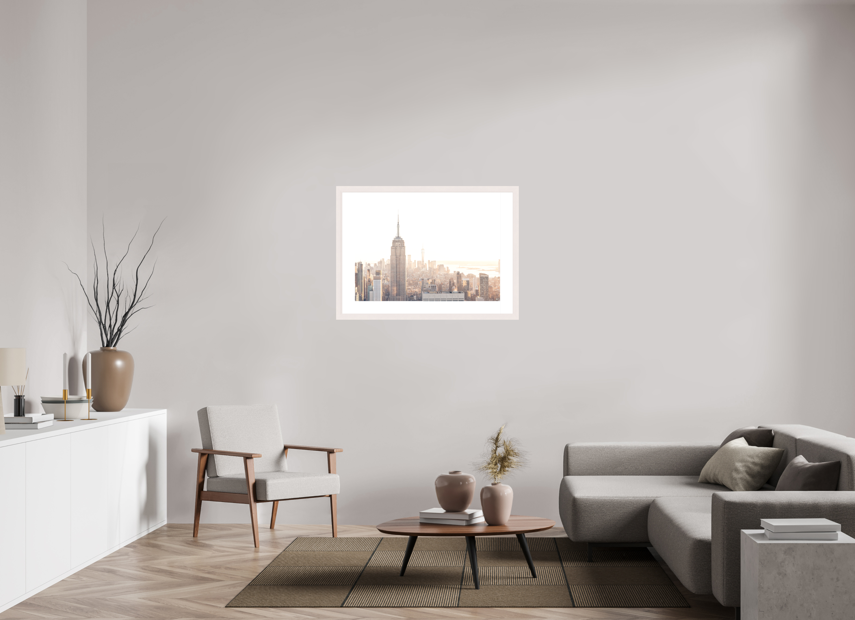 90 x 60 cm, Fine Art Print - Infinity Rag Photo 2 - PP 8cm - Mapple white Frame 40mm Empire State Building sunnygold
