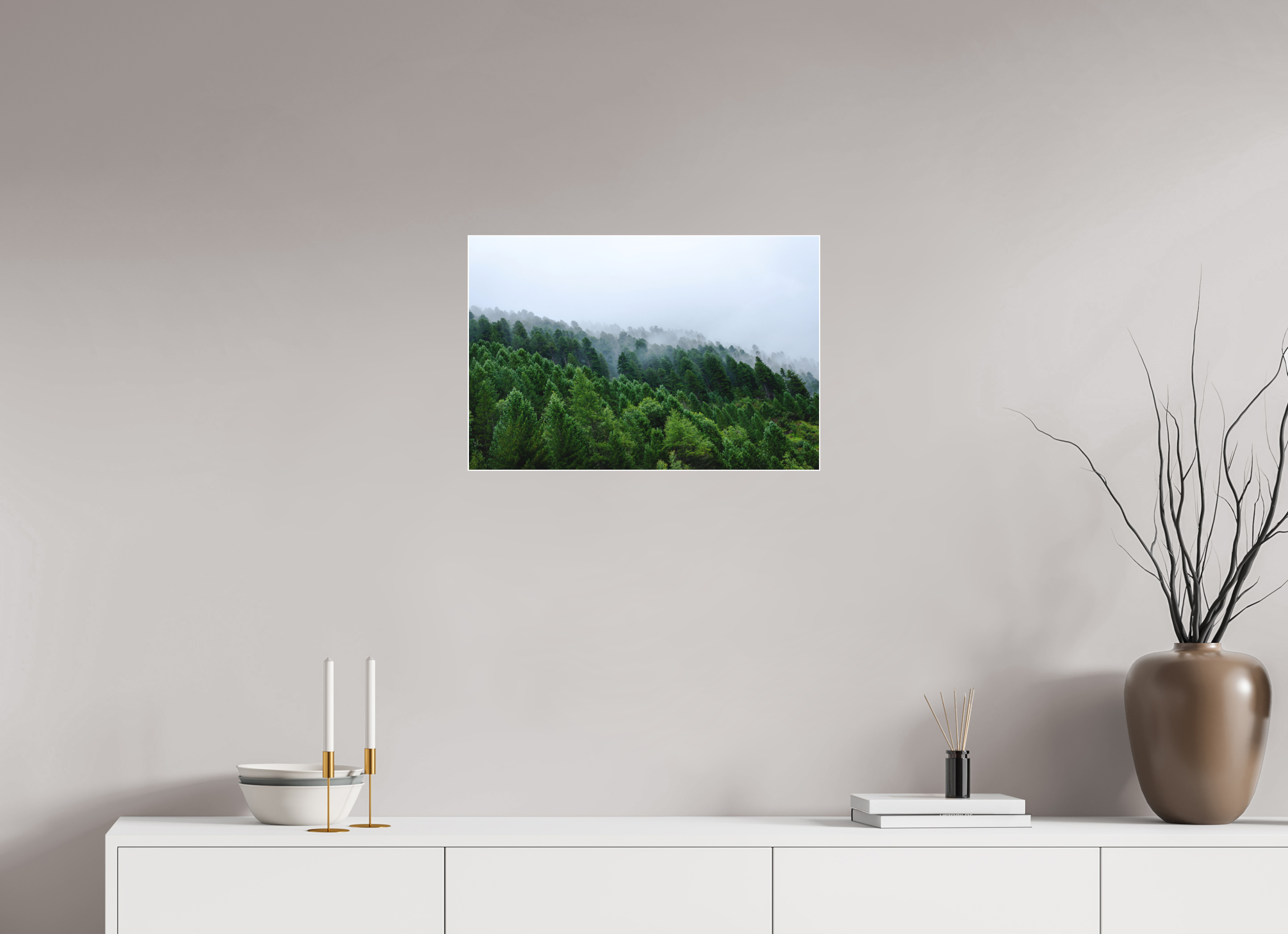 60 x 40 cm, Acrylic matt 2mm - Alu Slime Frame - white Trees lined slope 2