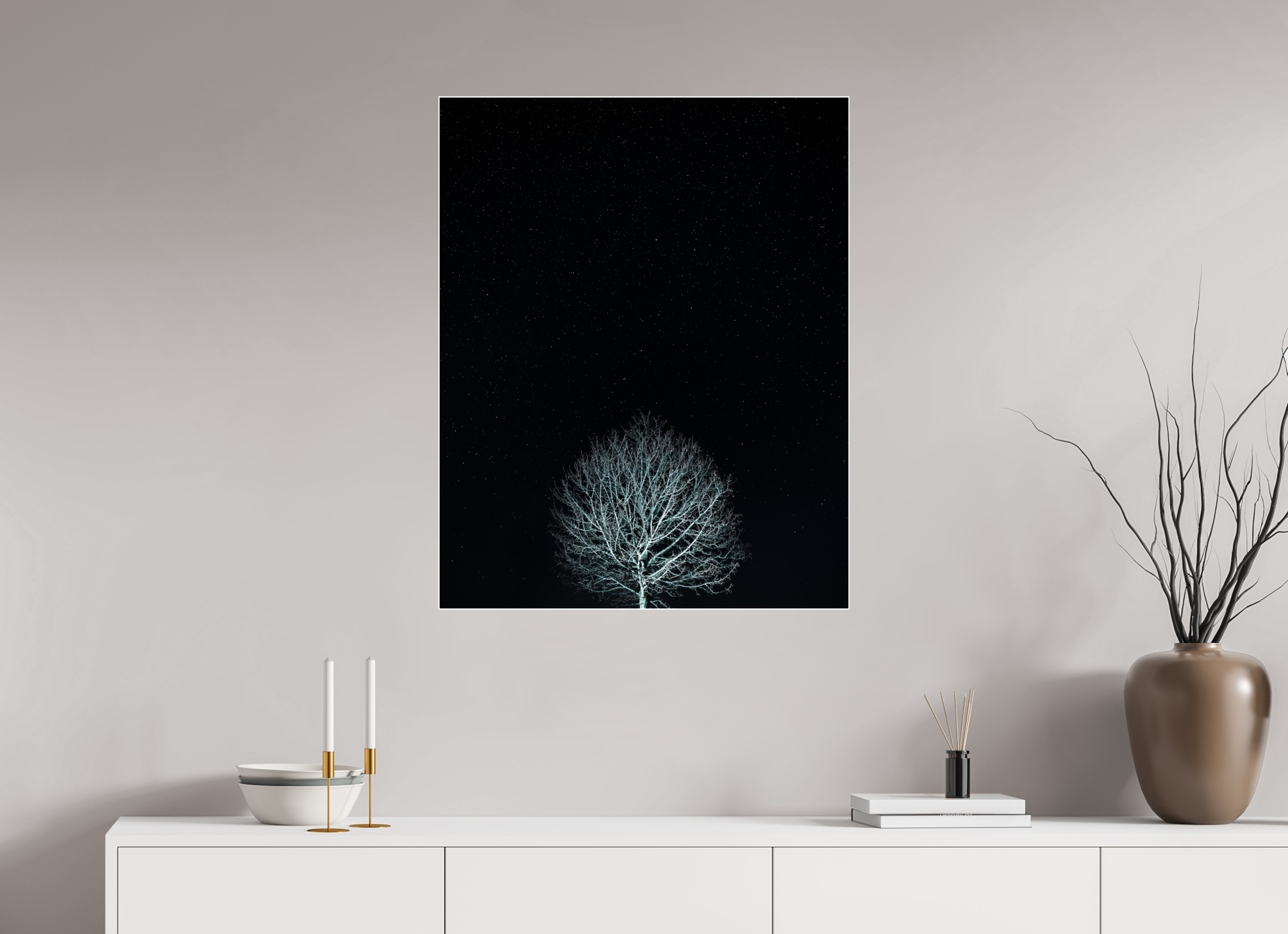 70 x 87,5 cm, Acrylic glossy 2mm - Alu Slime Frame - white Tree at night