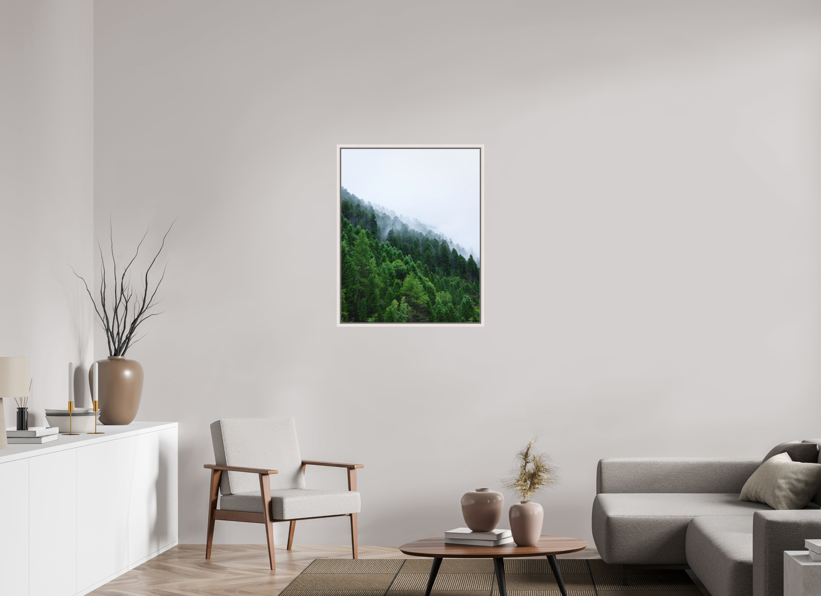 70 x 87,5 cm, Acrylic matt 2mm - American case 15mm - mapple white Trees lined slope