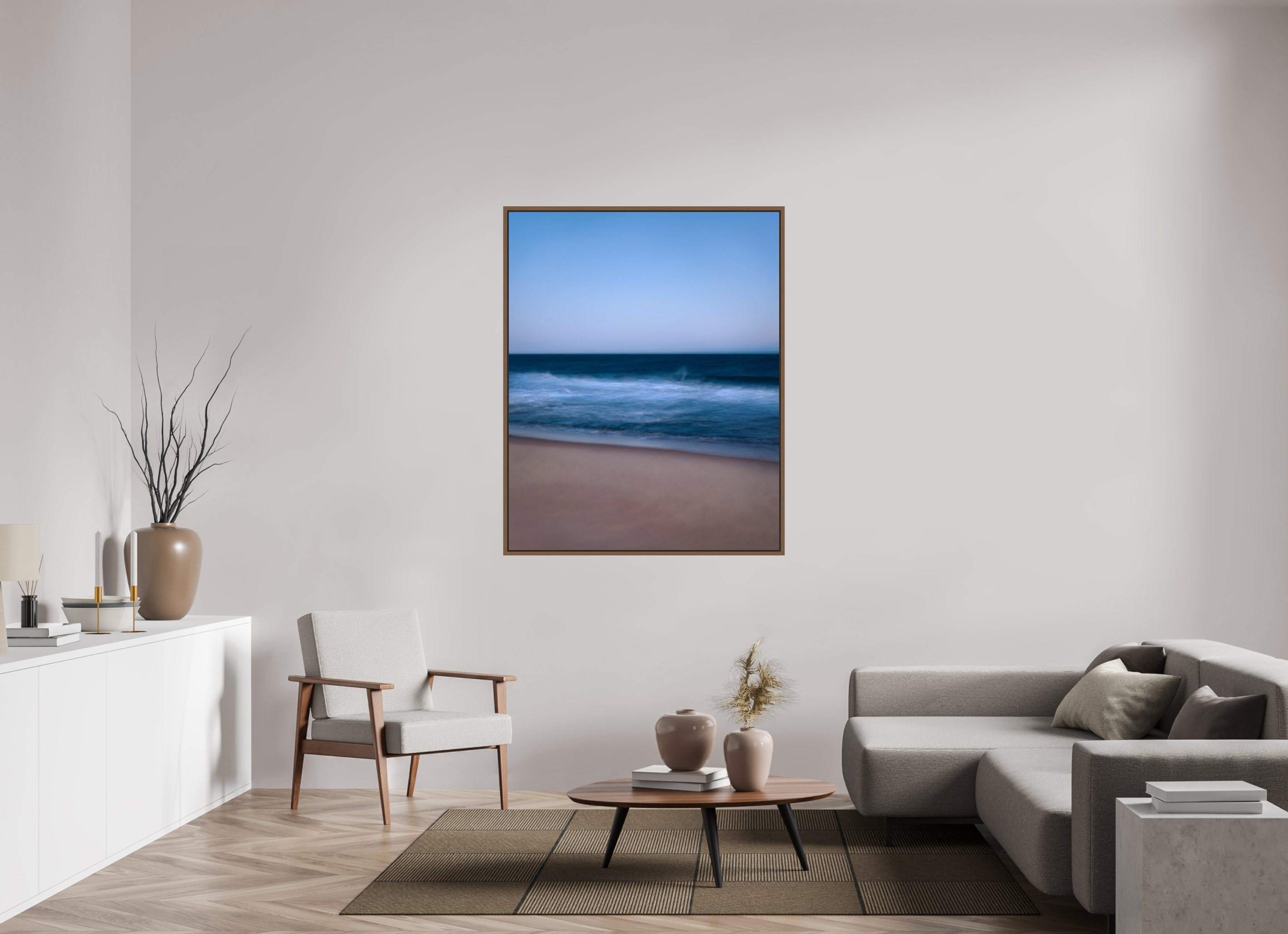 110 x 137,5 cm, Acrylic glossy 2mm - American case 15mm - walnut Long Island Beach