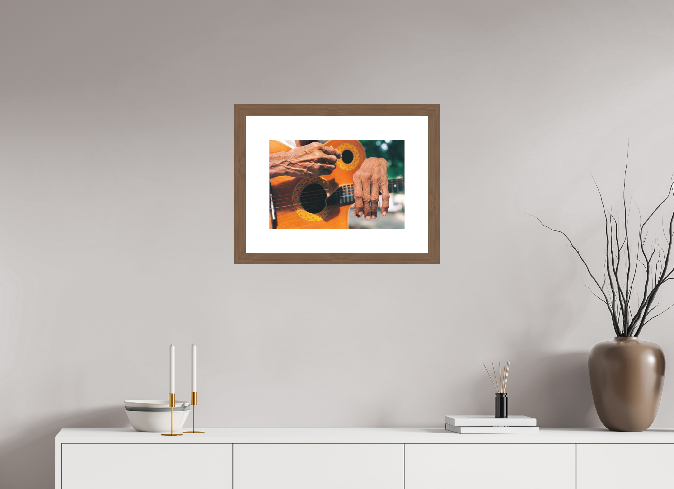 45 x 30 cm, Fine Art Print - Infinity Rag Photo 2 - PP 8cm - Walnut Frame 40mm Cuban Street Guitarist