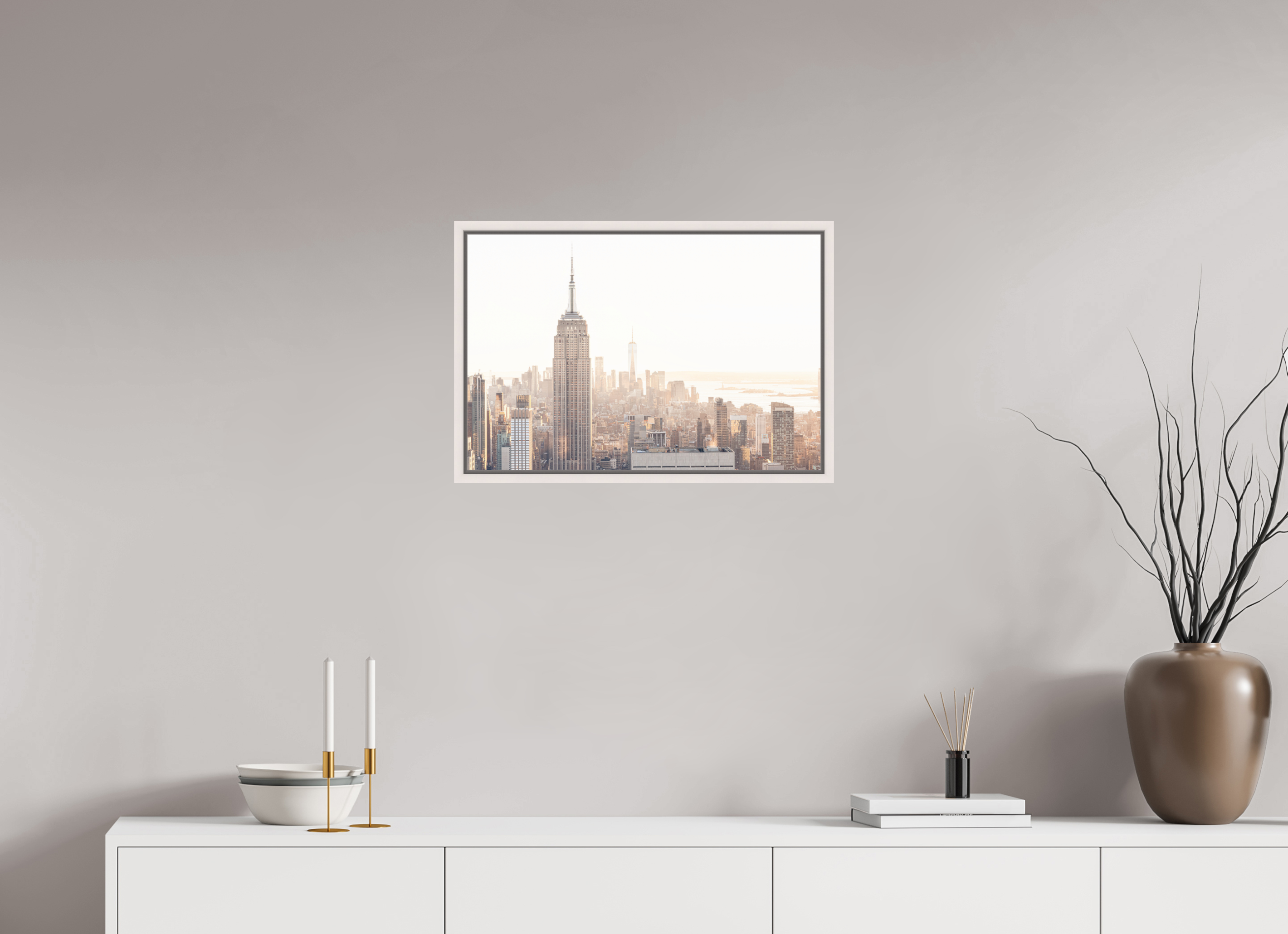 60 x 40 cm, Acrylic glossy 2mm - American case 15mm - maple white Empire State Building sunnygold