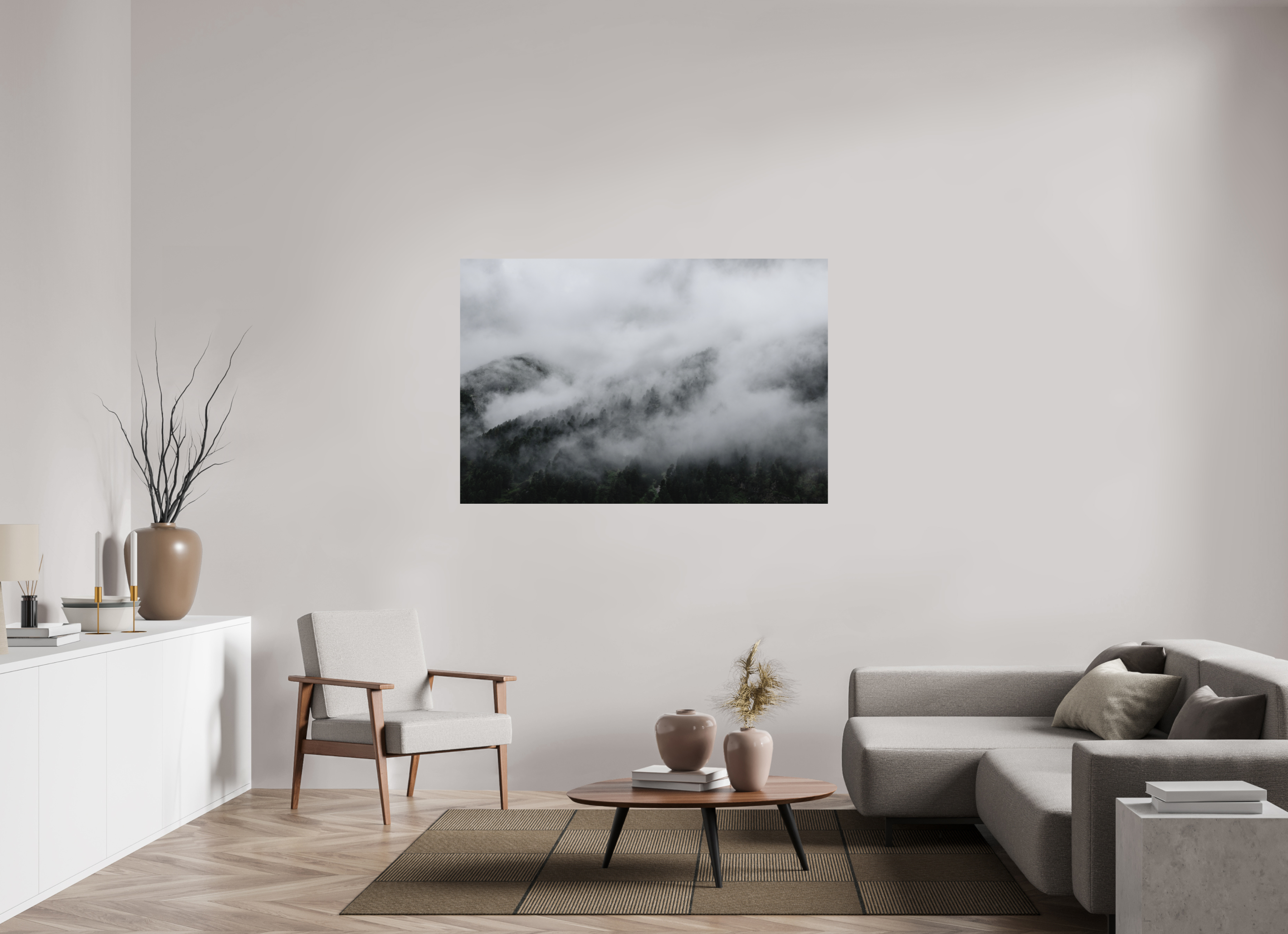 150 x 100 cm, Photo print Matt on Alu Dibond The misty Mountains