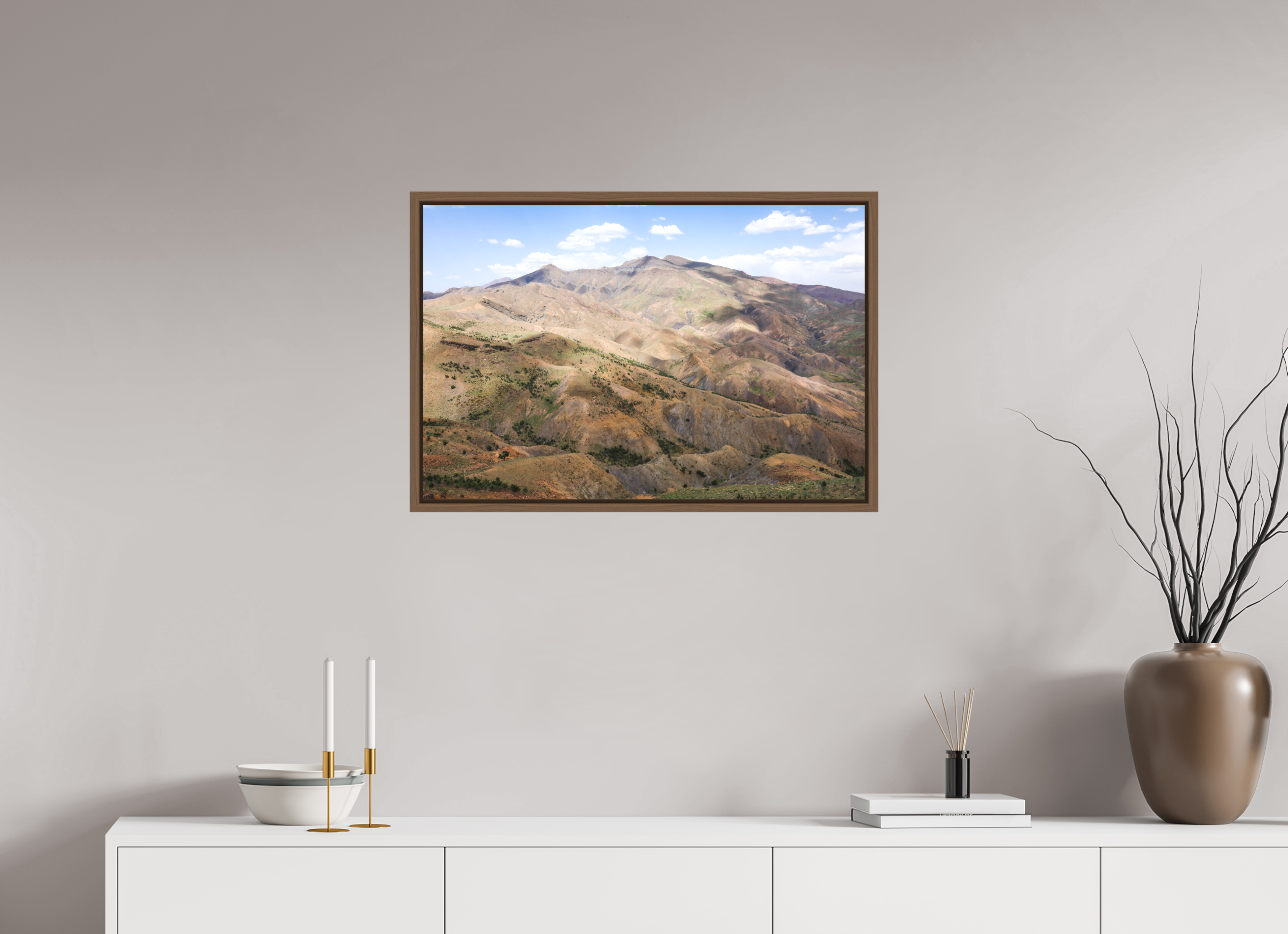 75 x 50 cm, Acrylic matt 2mm - American case 15mm - walnut Atlas from Marocco