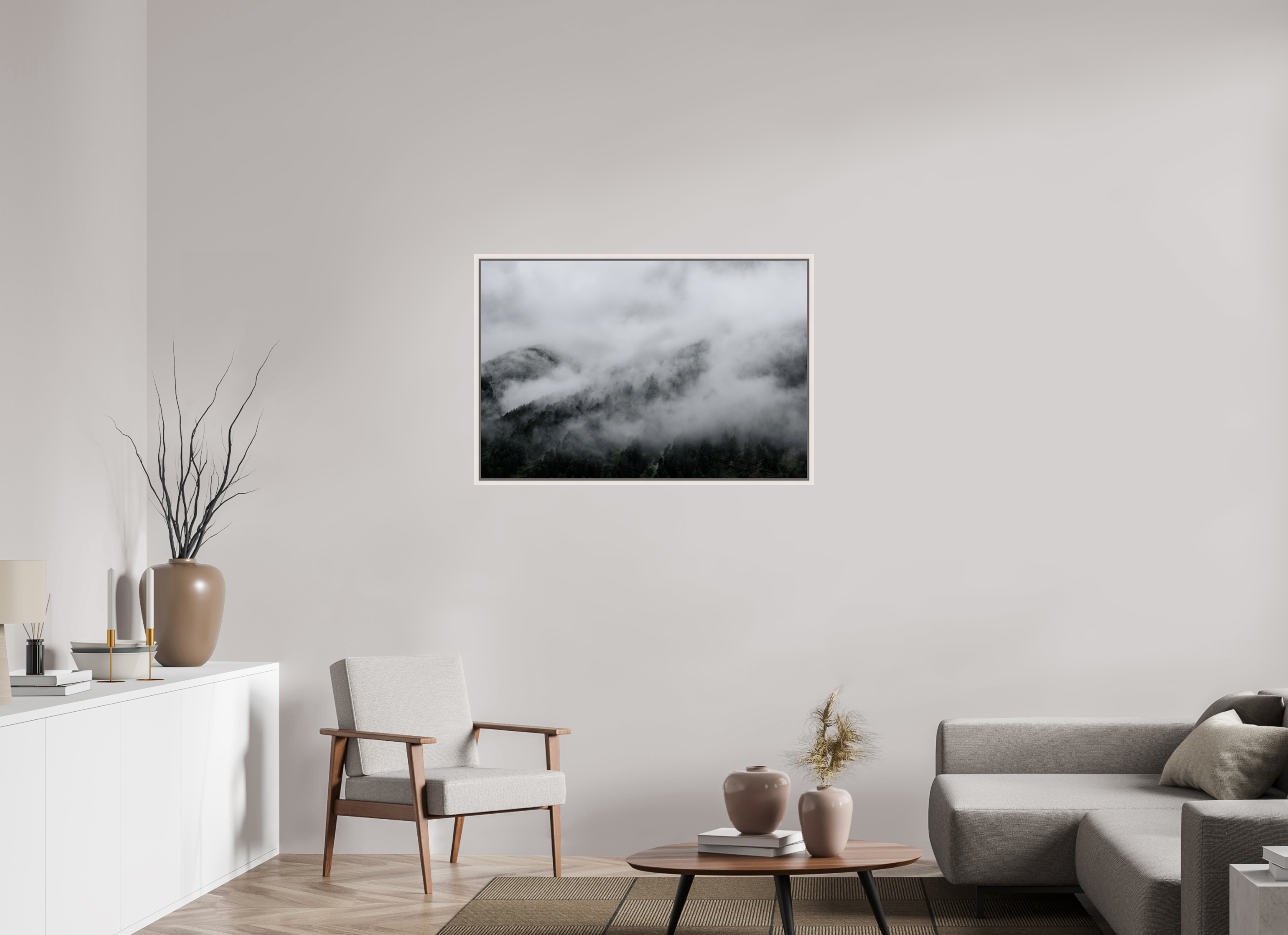 105 x 70 cm, Acrylic glossy 2mm - American case 15mm - maple white The misty Mountains
