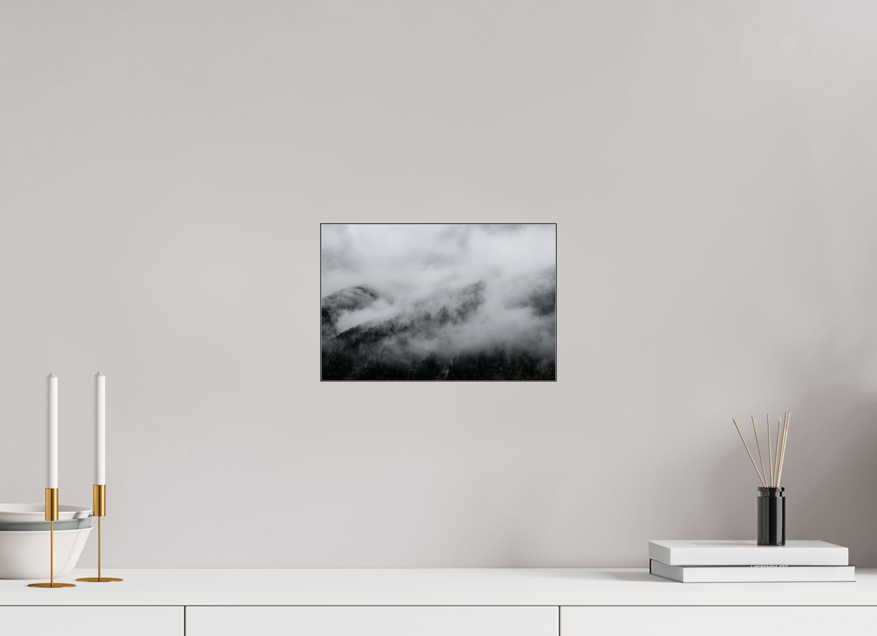 30 x 20 cm, Acrylic glossy 2mm - Alu Slime Frame - black The misty Mountains