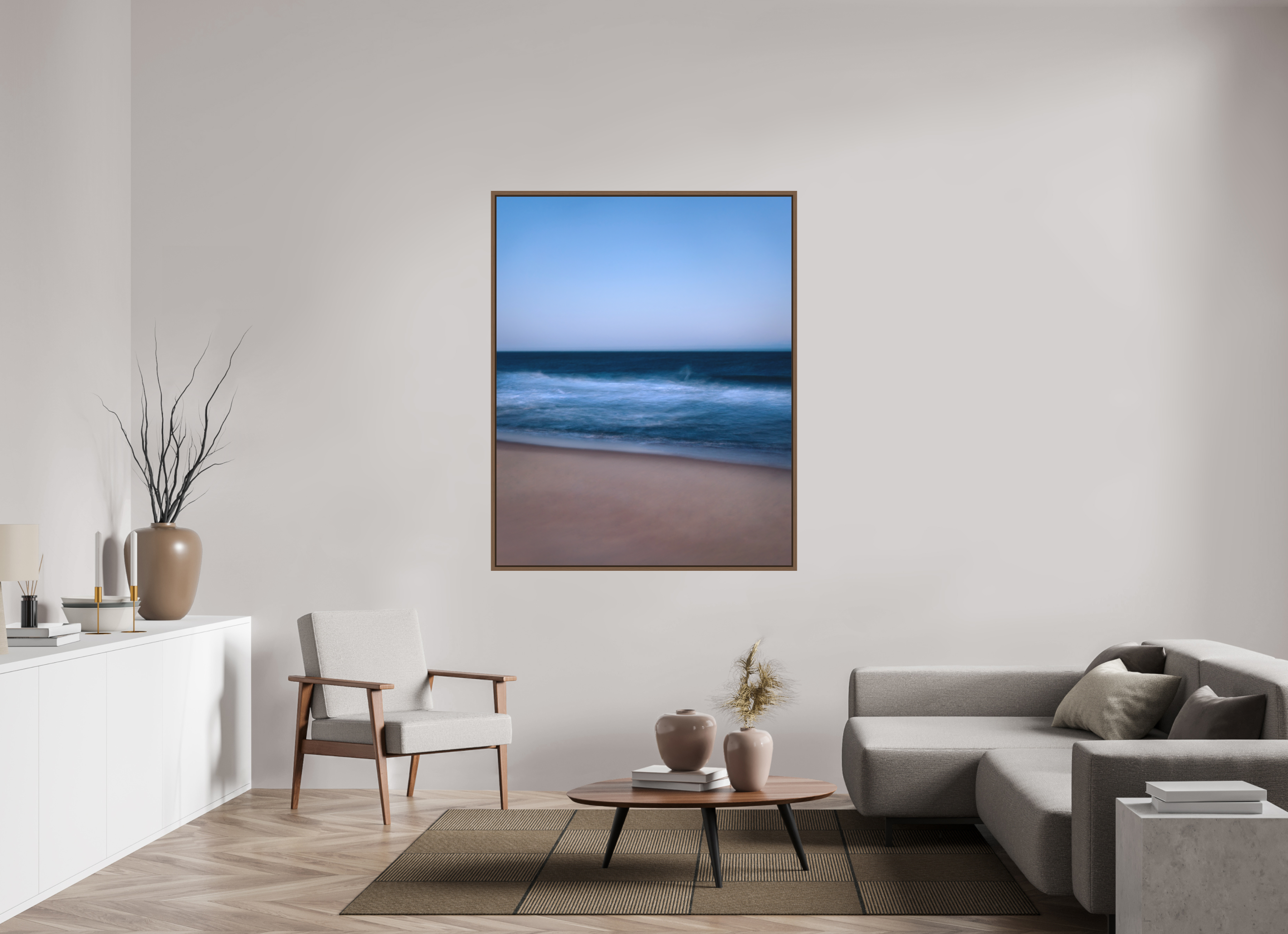 120 x 150 cm, Acrylic matt 2mm - American case 15mm - walnut Long Island Beach
