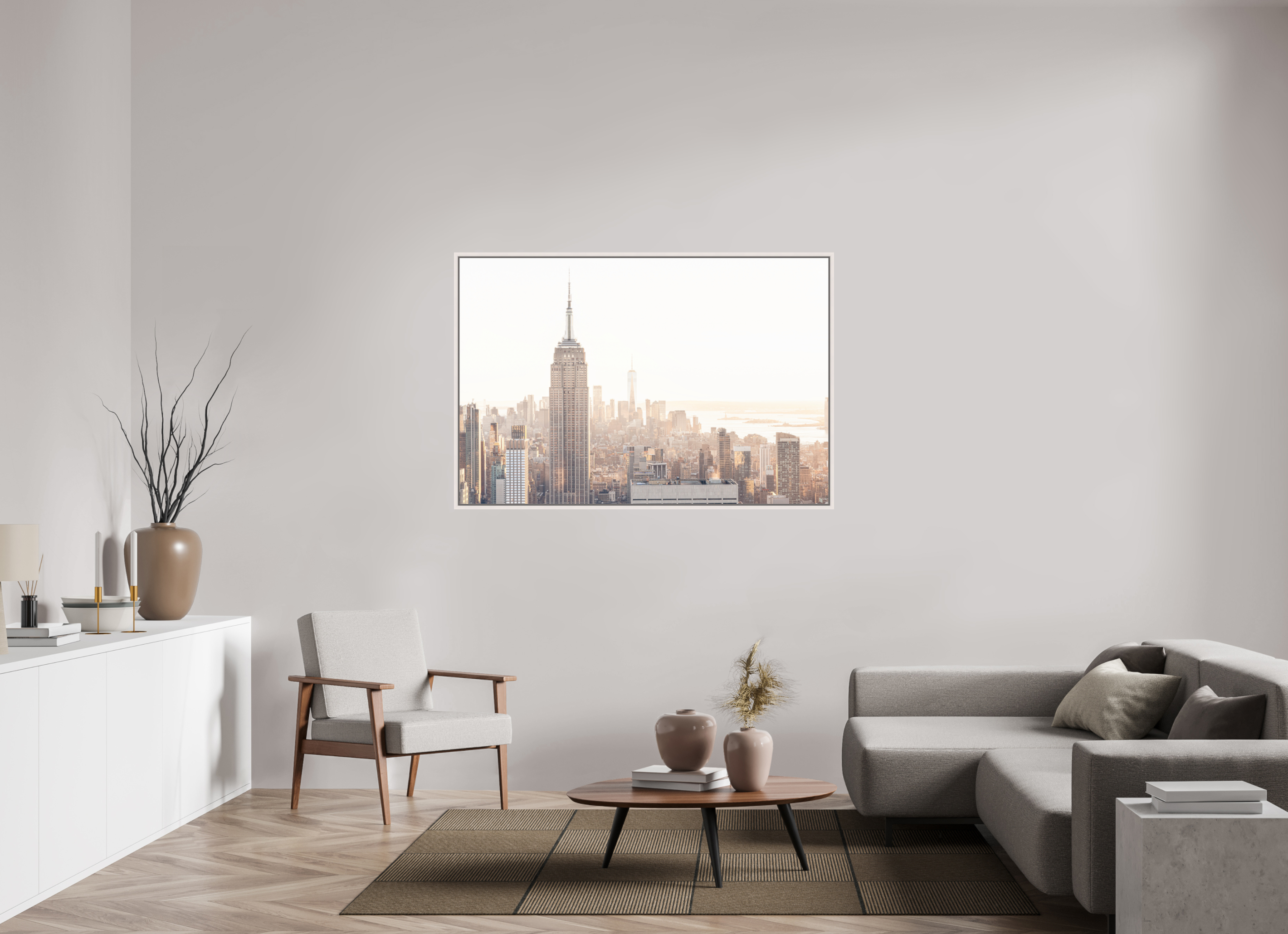 150 x 100 cm, Acrylic glossy 2mm - American case 15mm - maple white Empire State Building sunnygold