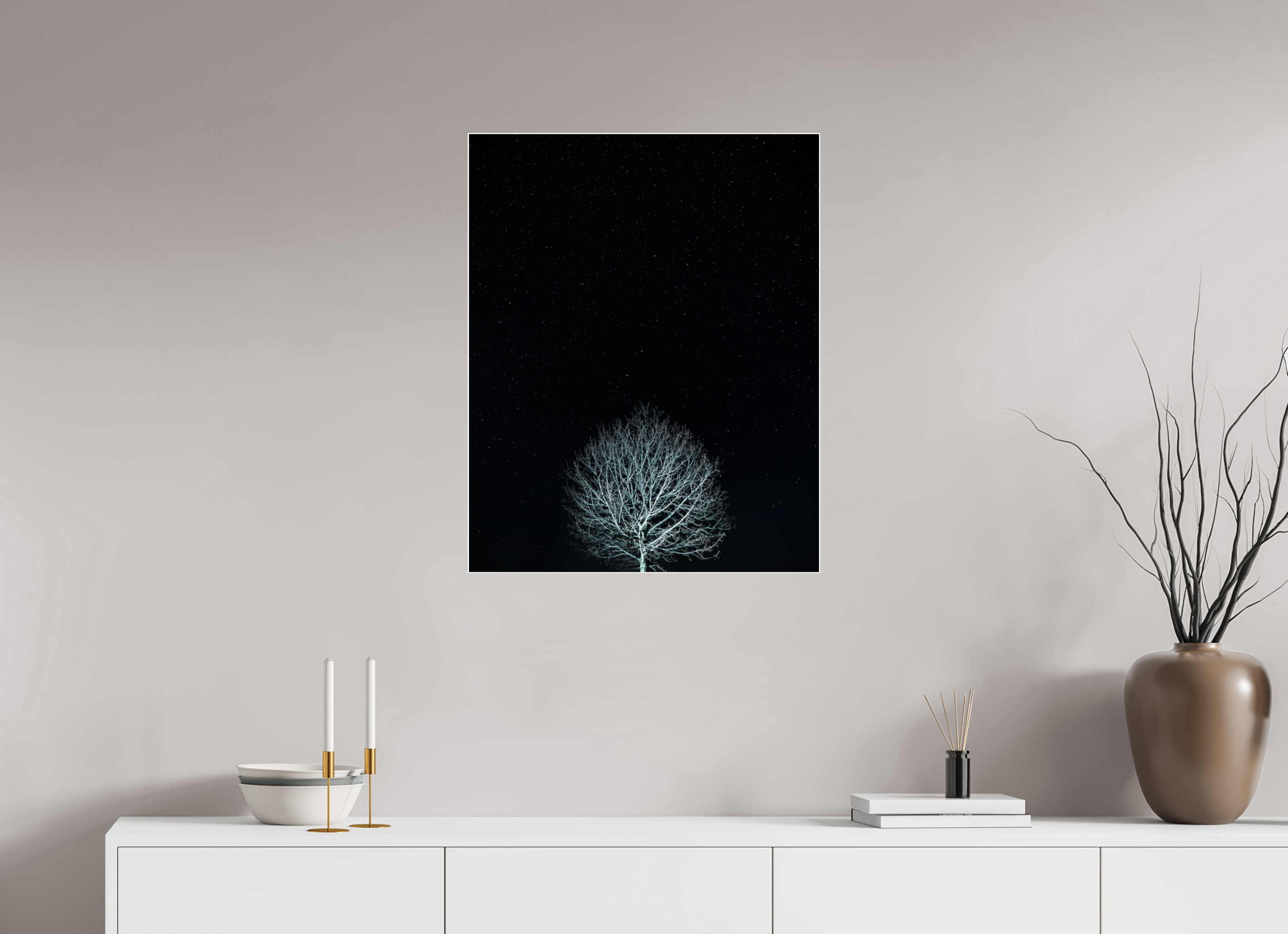 60 x 75 cm, Acrylic glossy 2mm - Alu Slime Frame - white Tree at night
