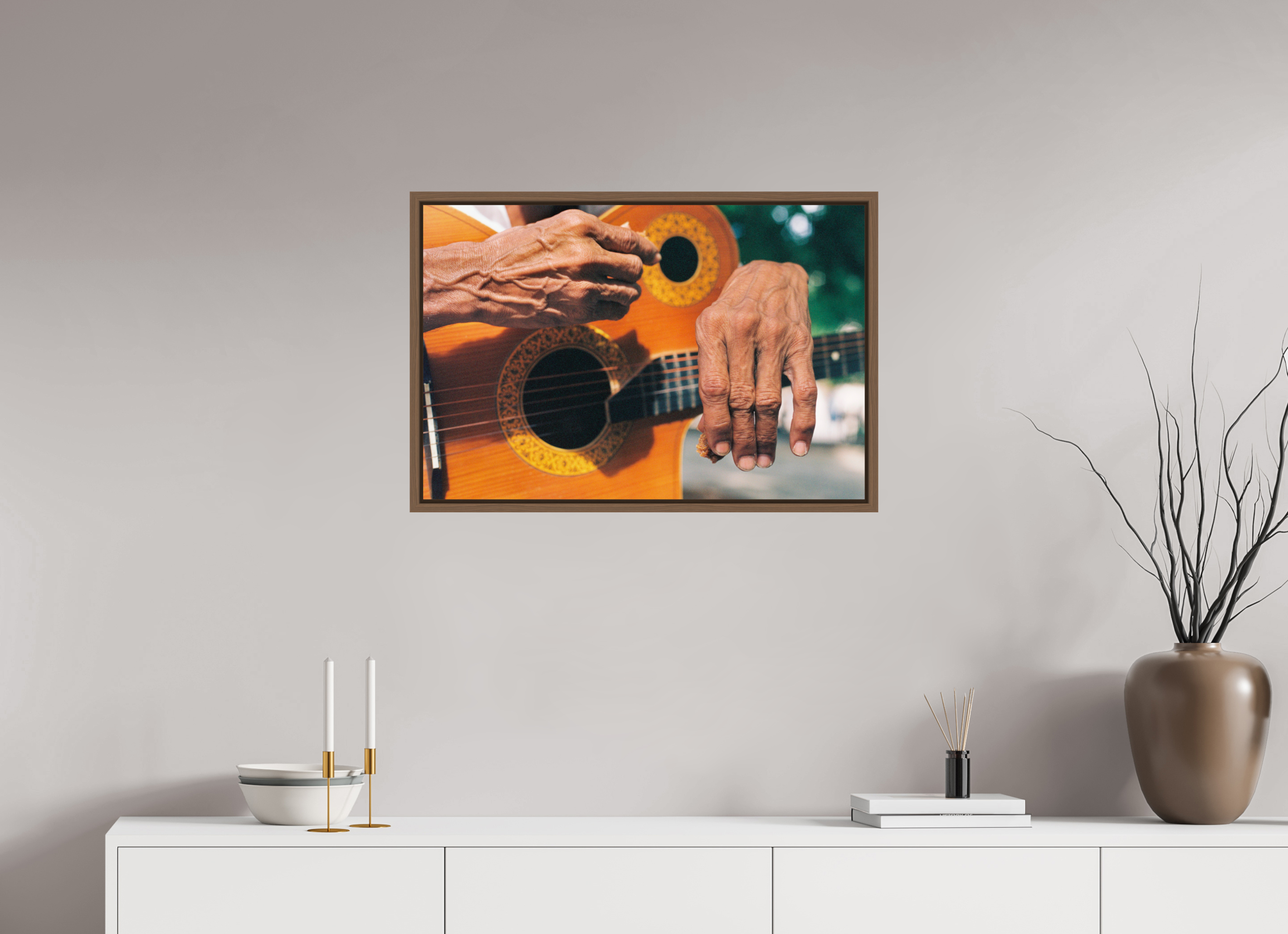 75 x 50 cm, Acrylic glossy 2mm - American case 15mm - walnut Cuban Street Guitarist