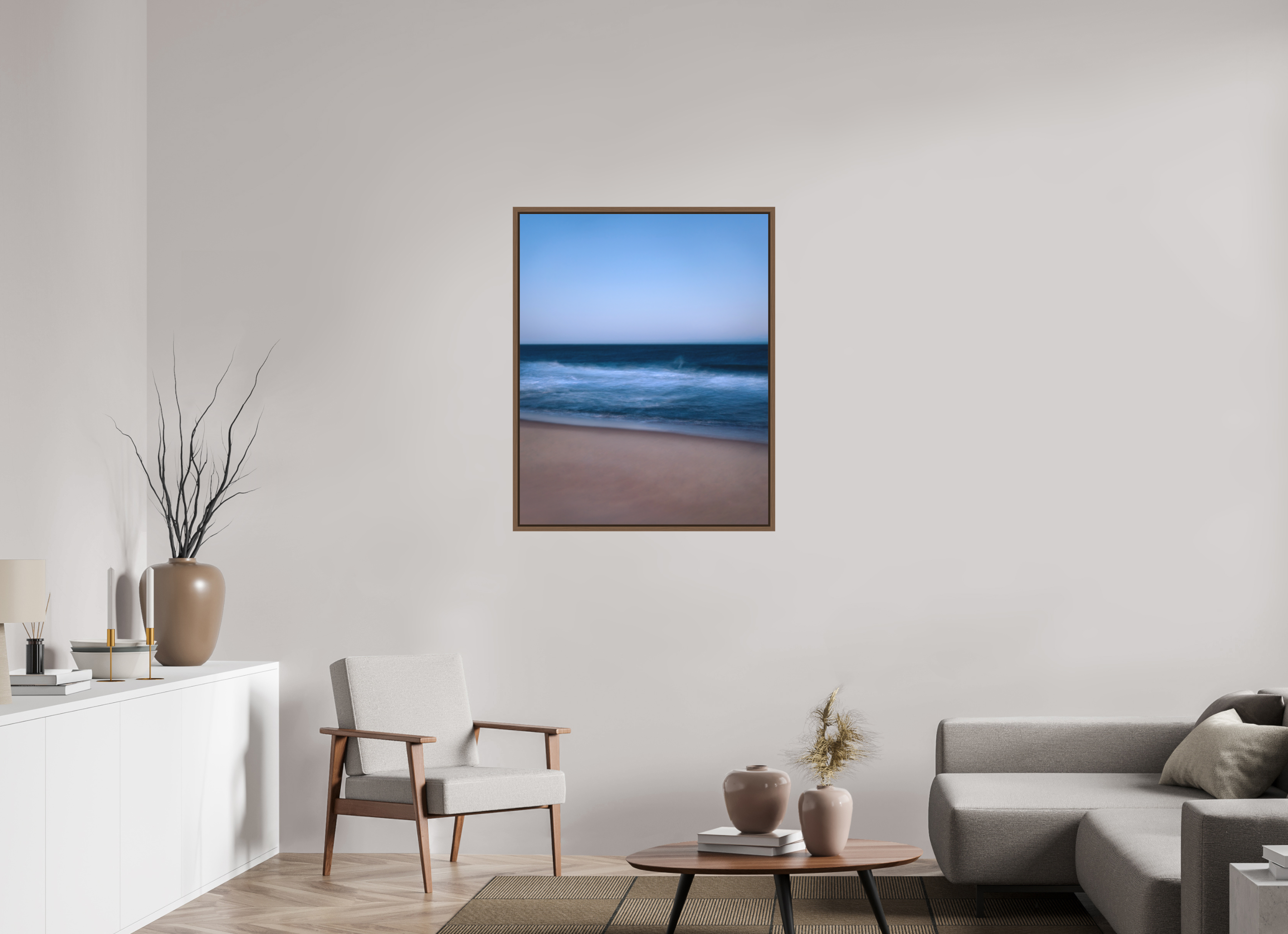 80 x 100 cm, Acrylic matt 2mm - American case 15mm - walnut Long Island Beach
