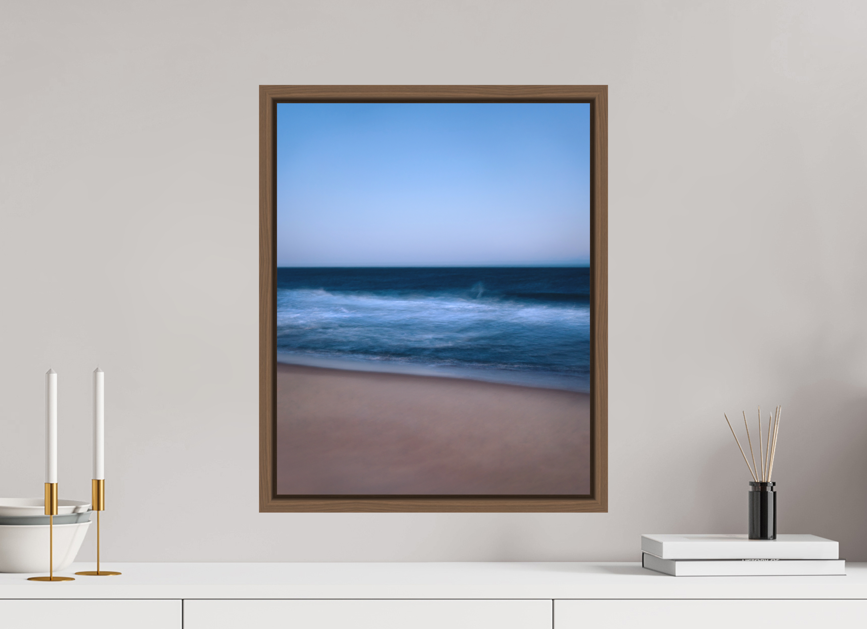 40 x 50 cm, Acrylic matt 2mm - American case 15mm - walnut Long Island Beach