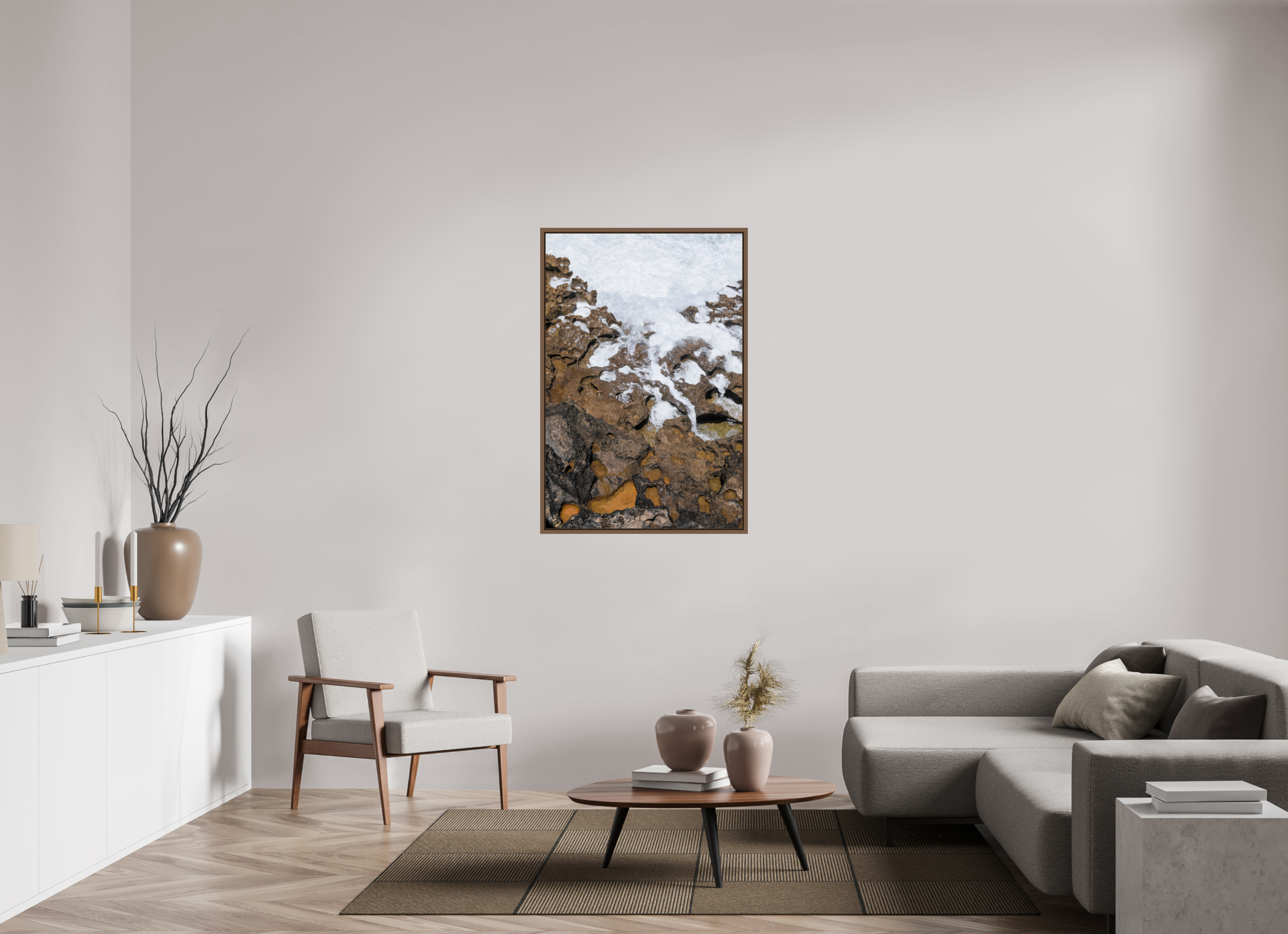 80 x 120 cm, Acrylic glossy 2mm - American case 15mm - walnut Earth & Sea 2