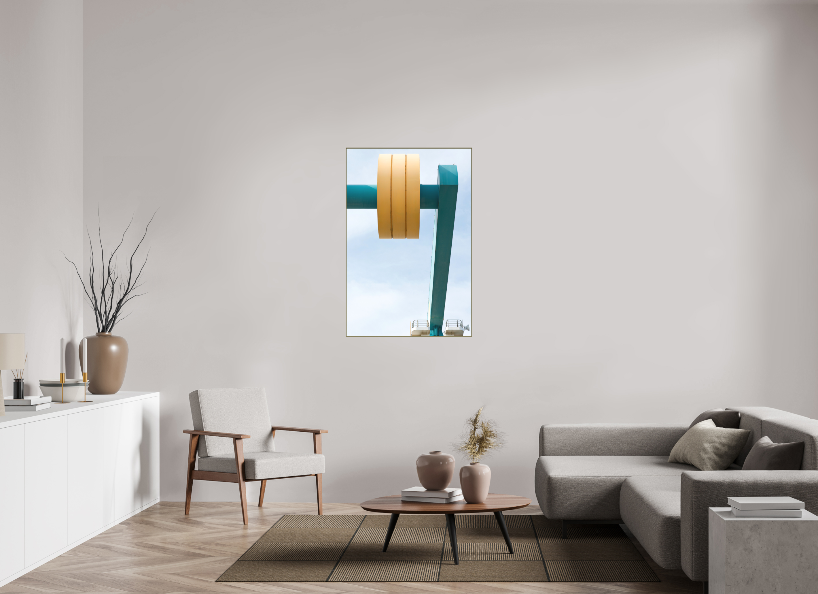 80 x 120 cm, Acrylic matt 2mm - Alu American case 25mm - gold Counterweight