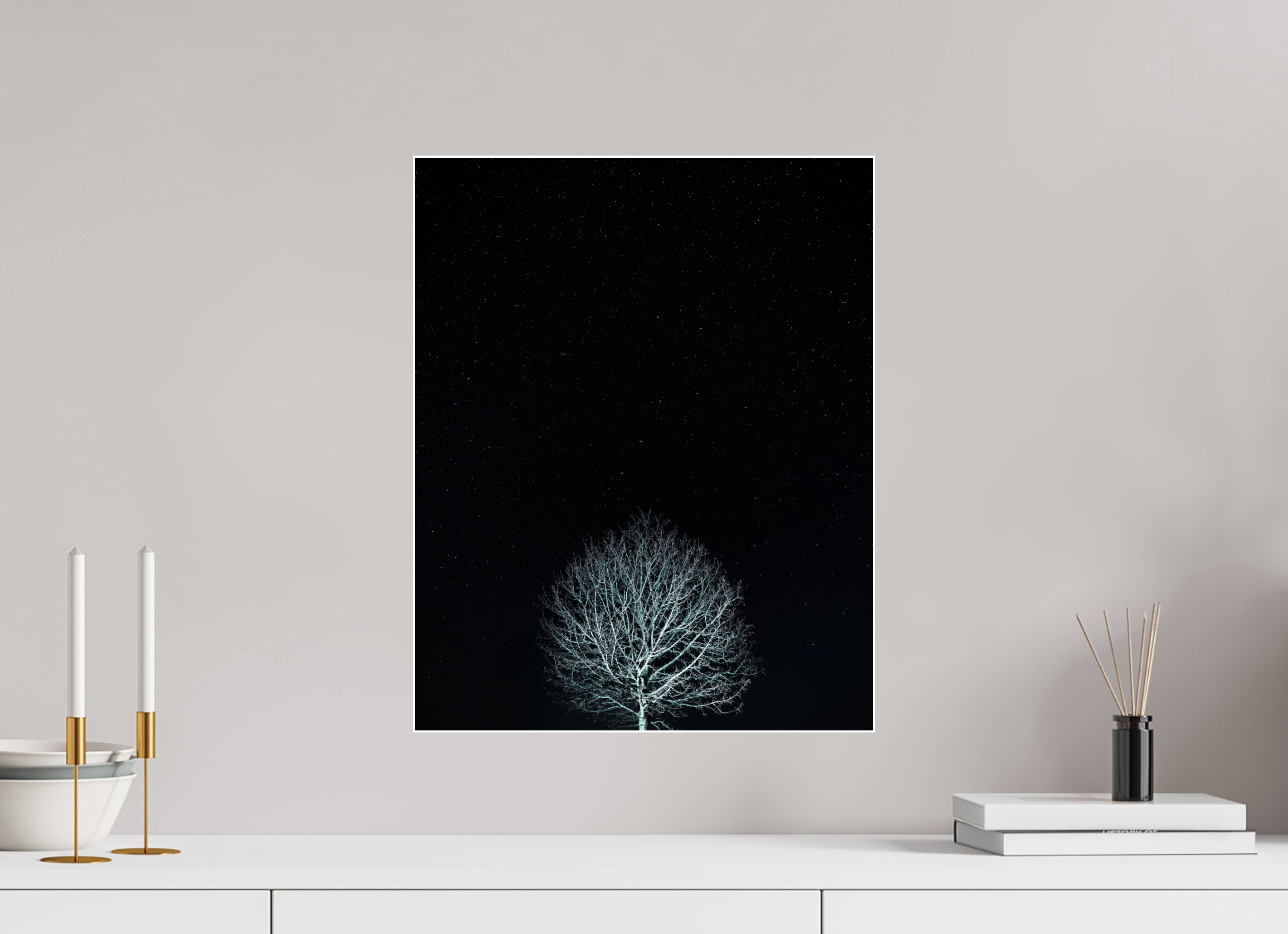 40 x 50 cm, Acrylic glossy 2mm - Alu Slime Frame - white Tree at night