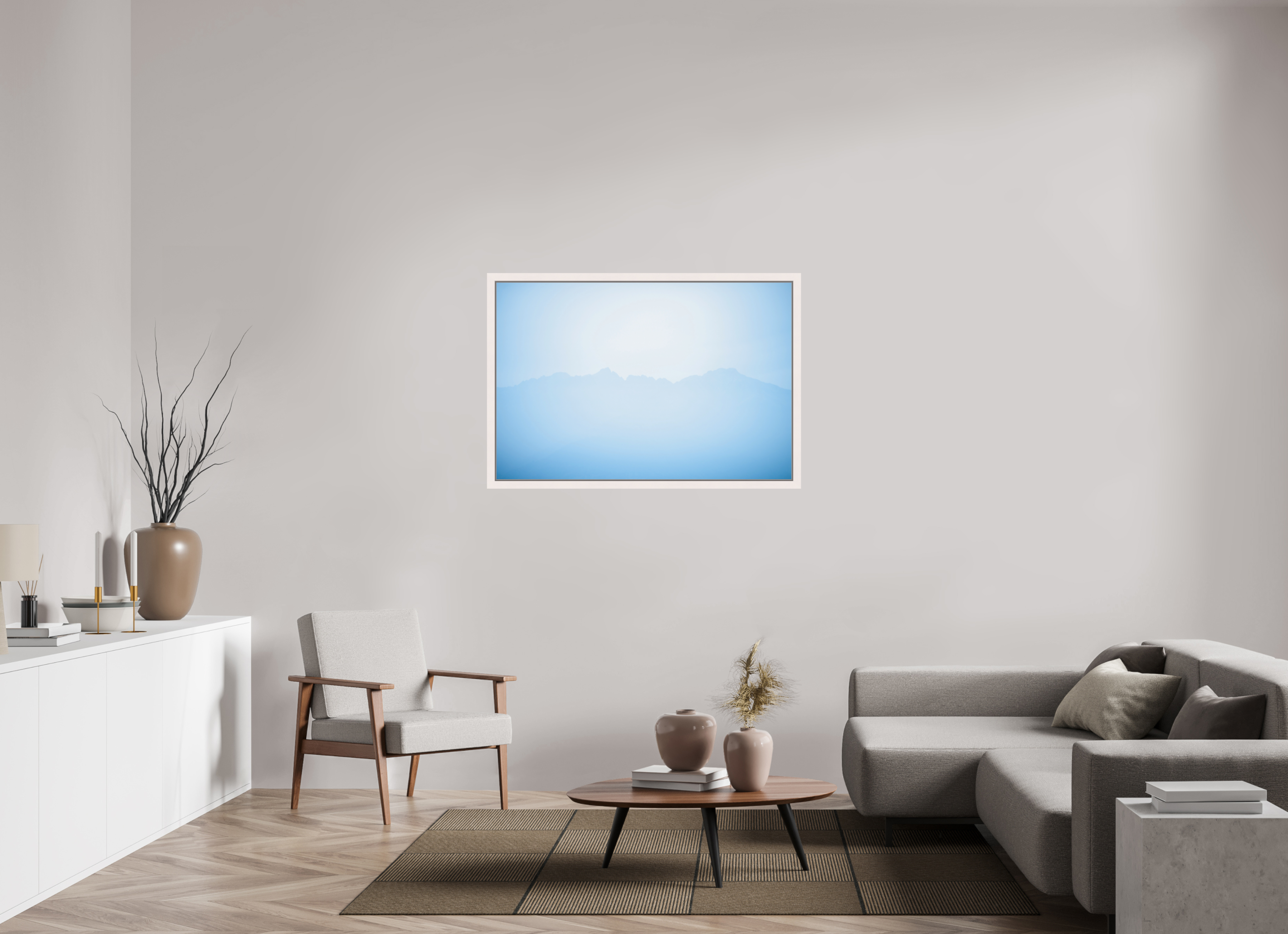 120 x 80 cm, Acrylic glossy 2mm - American case 31mm - mapple white Mountains of Como Lac