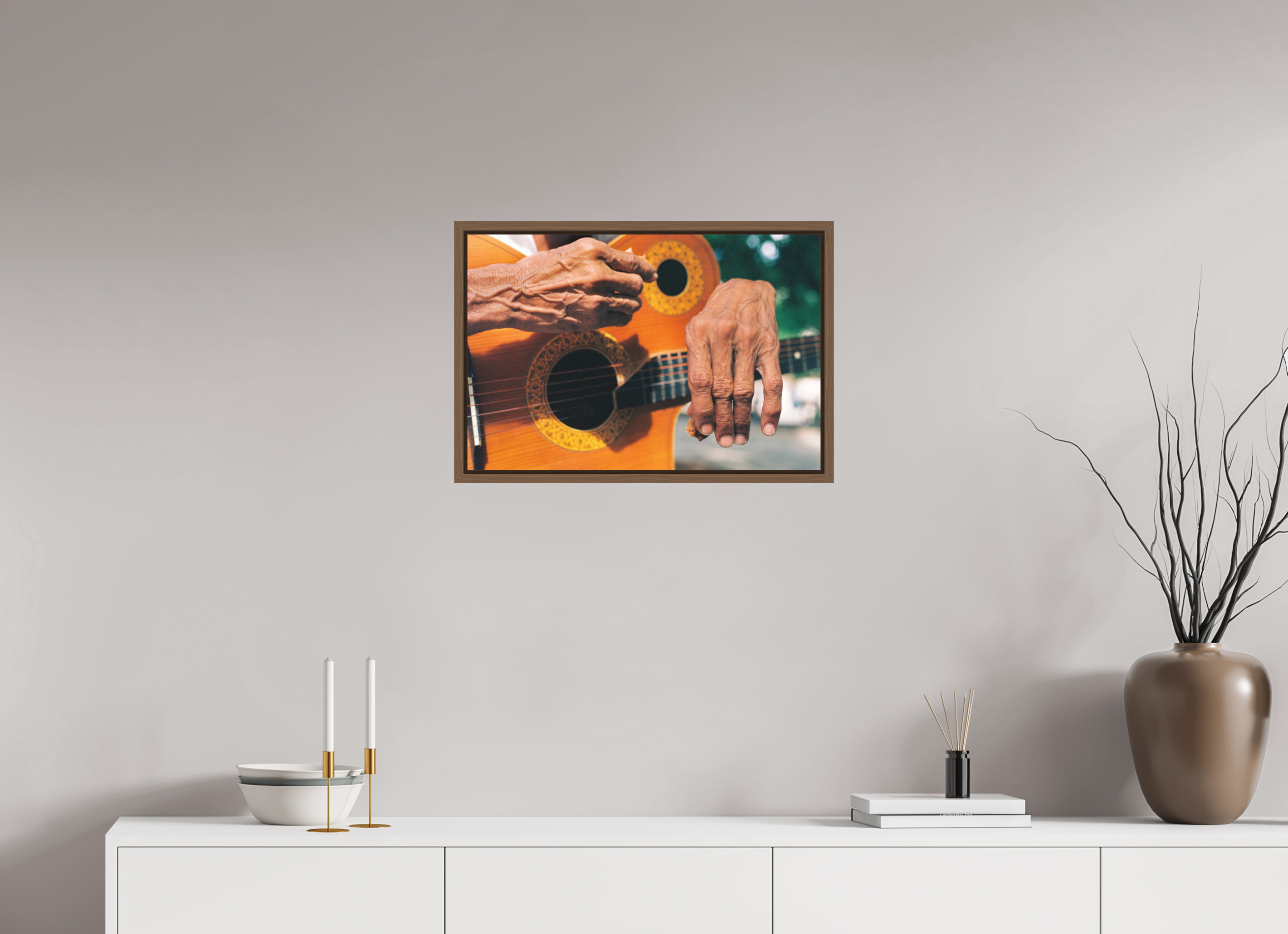 60 x 40 cm, Acrylic matt 2mm - American case 15mm - walnut Cuban Street Guitarist