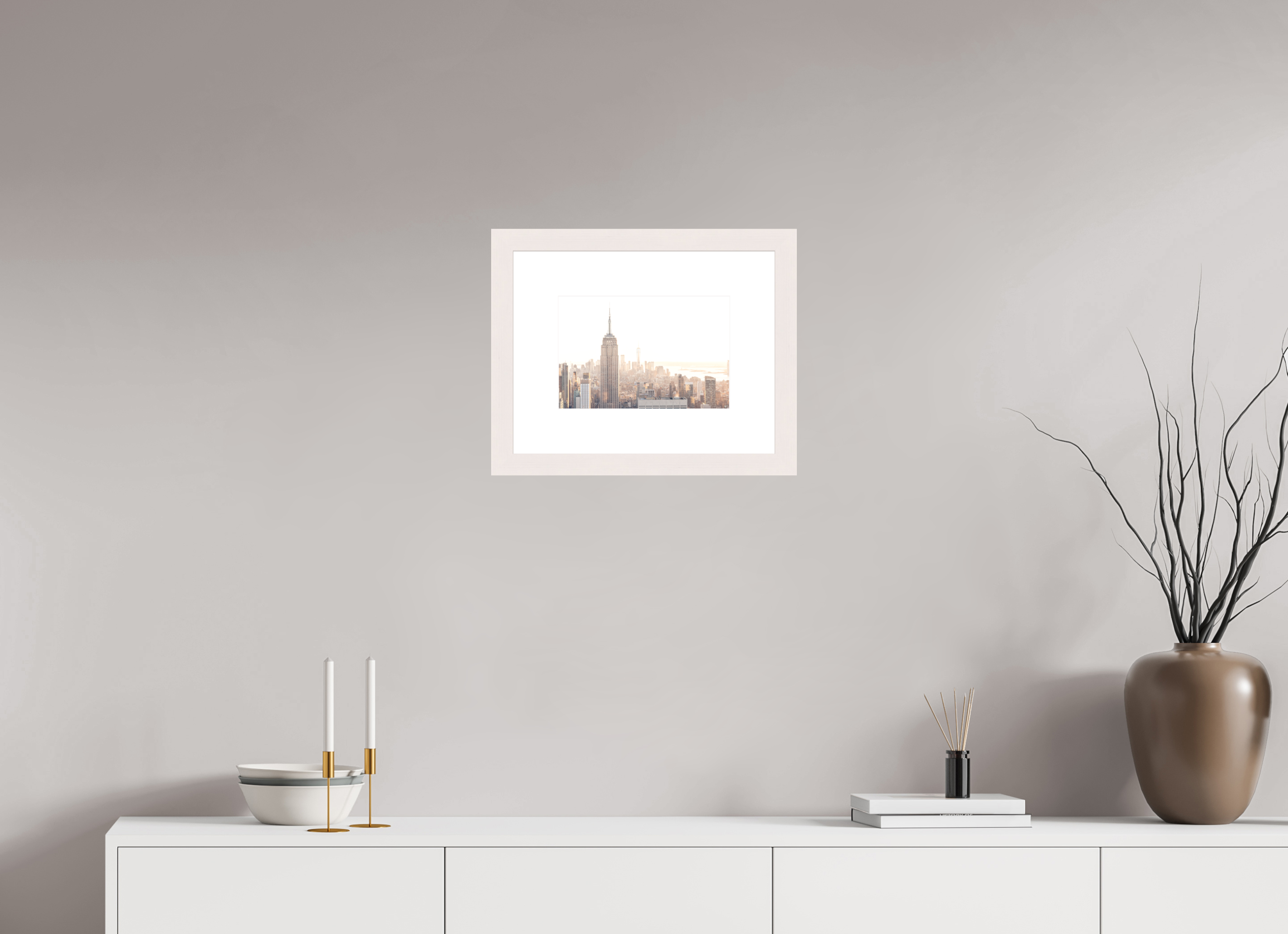 30 x 20 cm, Fine Art Print - Infinity Rag Photo 2 - PP 8cm - Mapple white Frame 40mm Empire State Building sunnygold