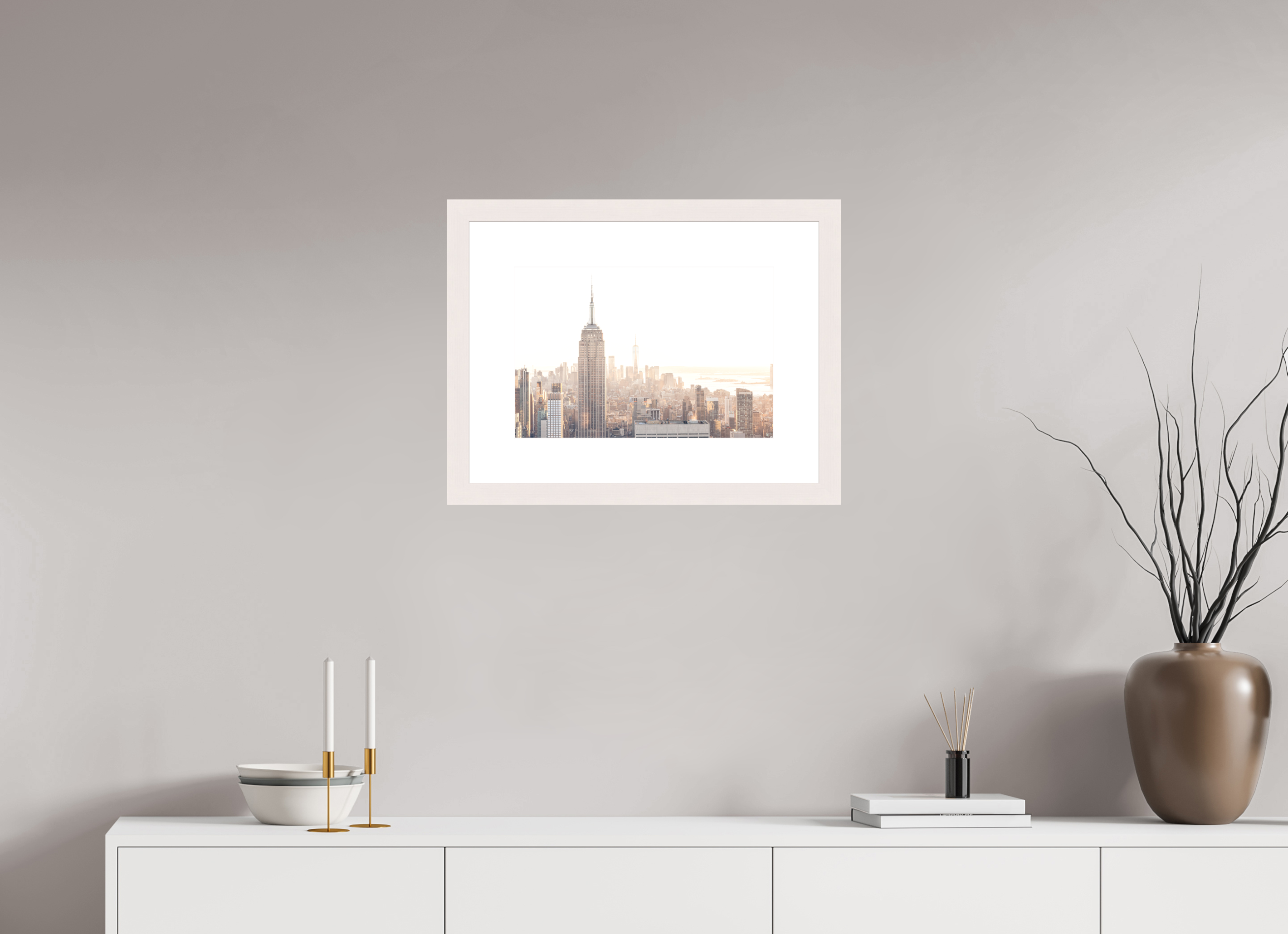 45 x 30 cm, Fine Art Print - Infinity Rag Photo 2 - PP 8cm - Mapple white Frame 40mm Empire State Building sunnygold