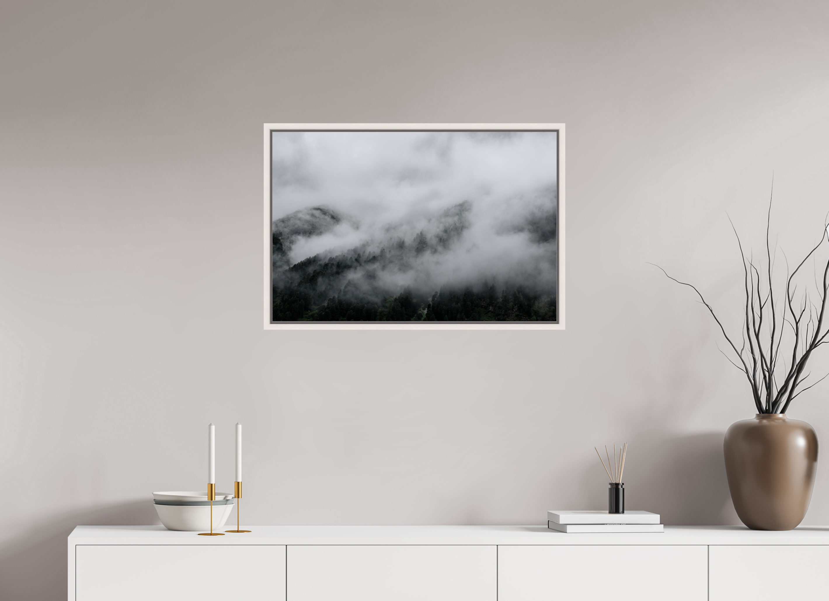 75 x 50 cm, Acrylic glossy 2mm - American case 15mm - maple white The misty Mountains