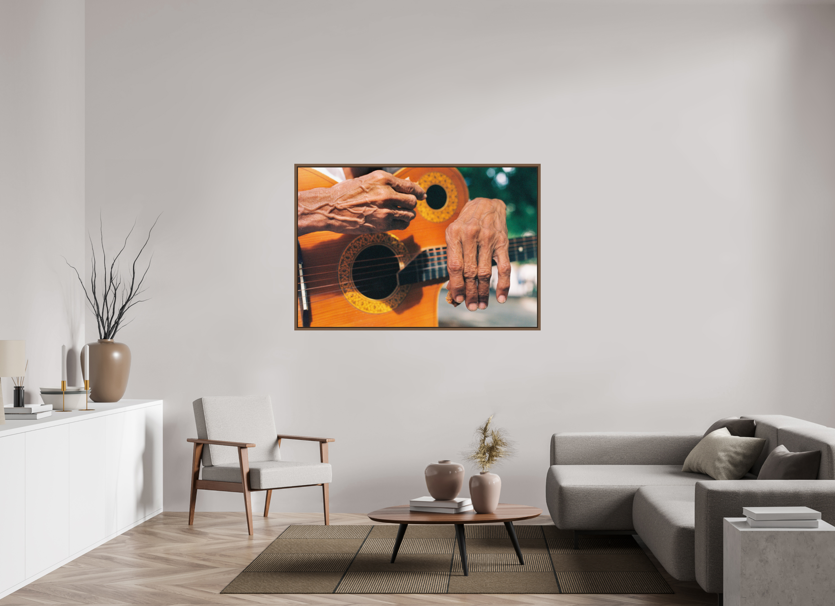 150 x 100 cm, Acrylic glossy 2mm - American case 15mm - walnut Cuban Street Guitarist