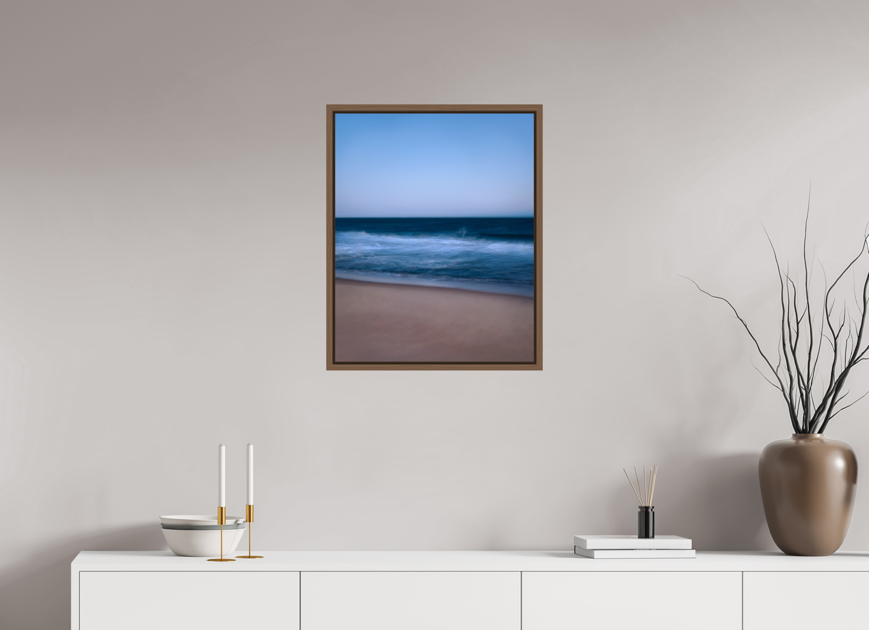 50 x 62,5 cm, Acrylic glossy 2mm - American case 15mm - walnut Long Island Beach
