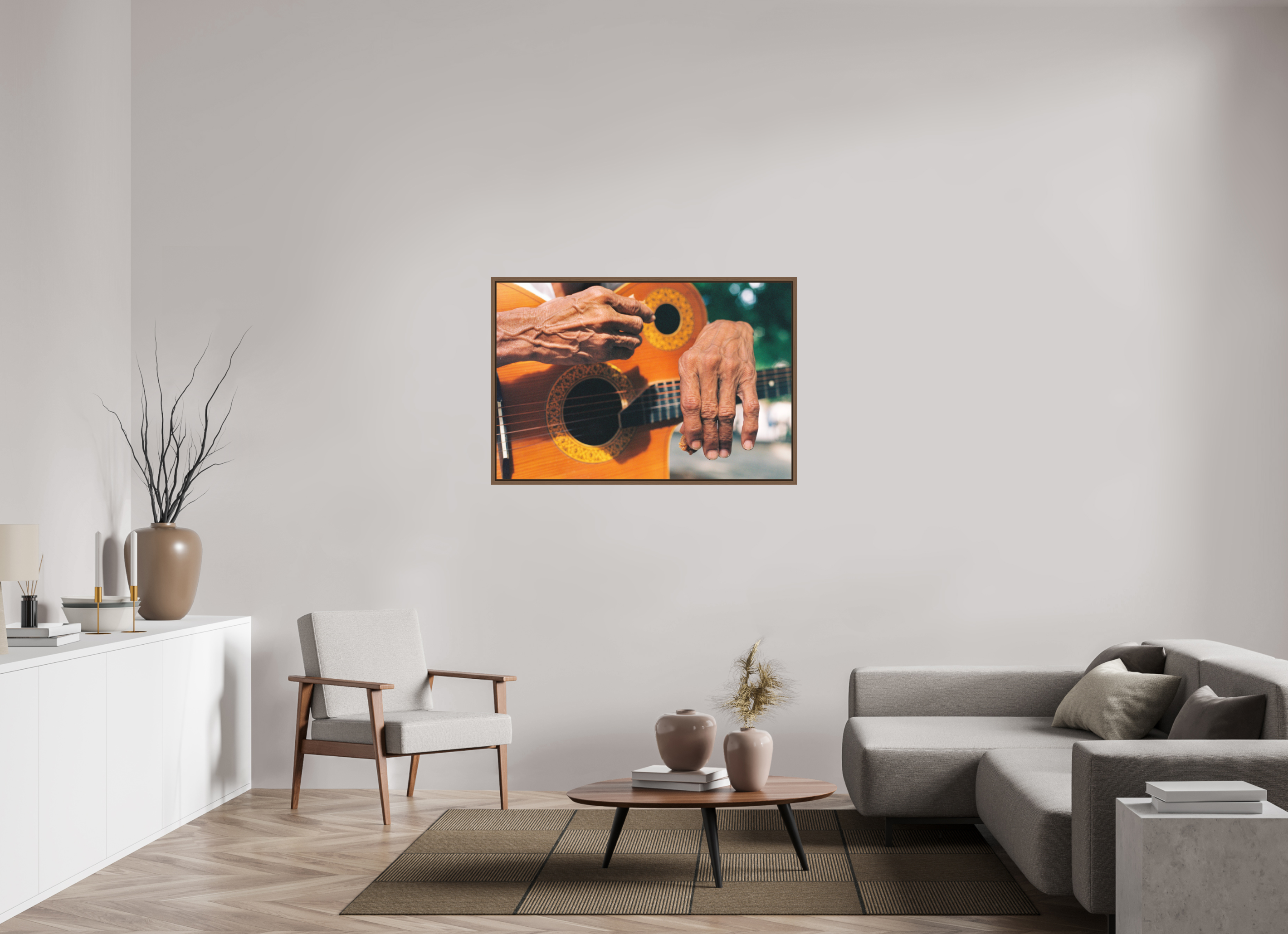 120 x 80 cm, Acrylic matt 2mm - American case 15mm - walnut Cuban Street Guitarist