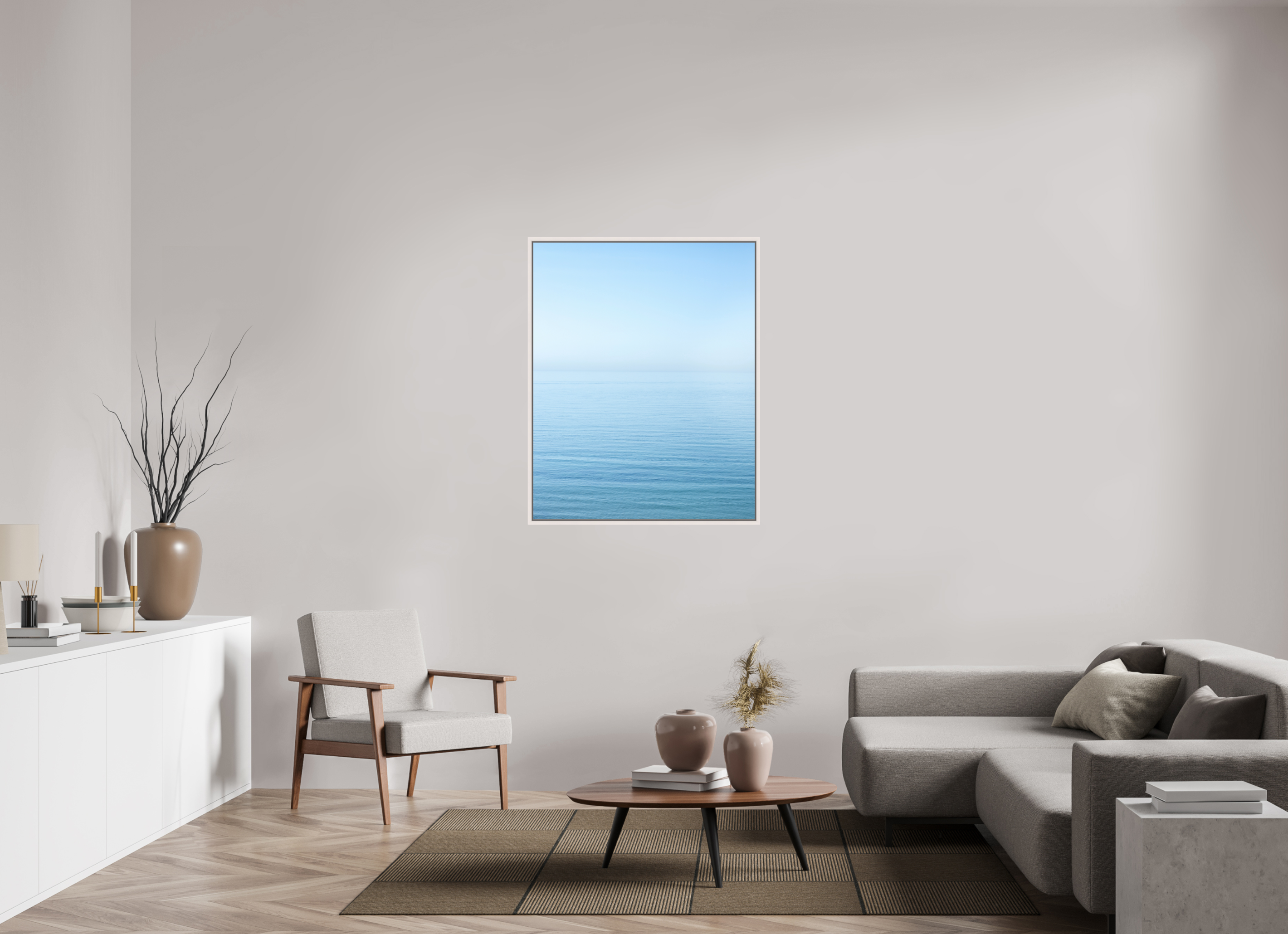 90 x 112,5 cm, Acrylic glossy 2mm - American case 15mm - maple white The sea Manche