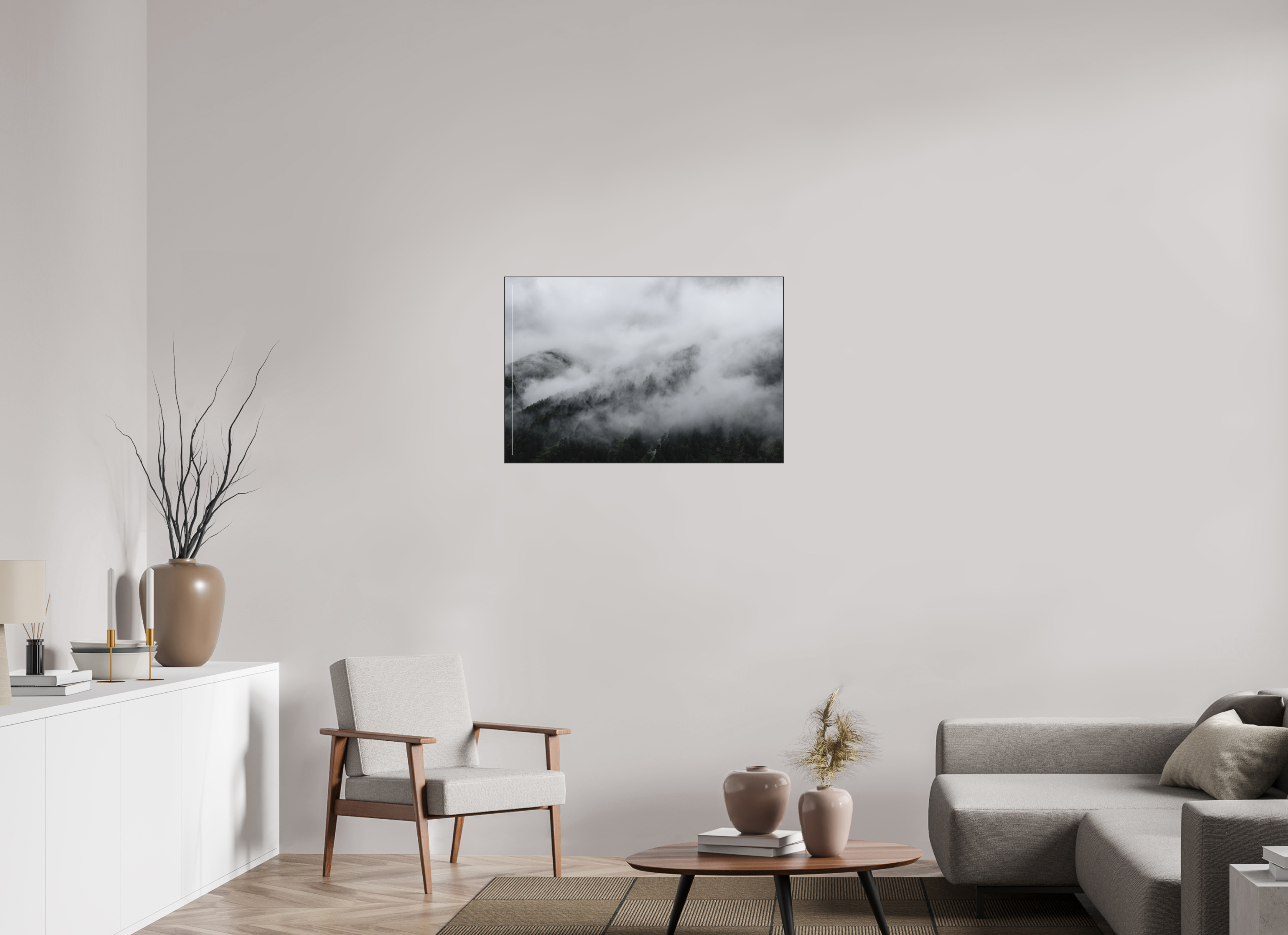 90 x 60 cm, Acrylic matt 2mm - Alu Slime Frame - black The misty Mountains