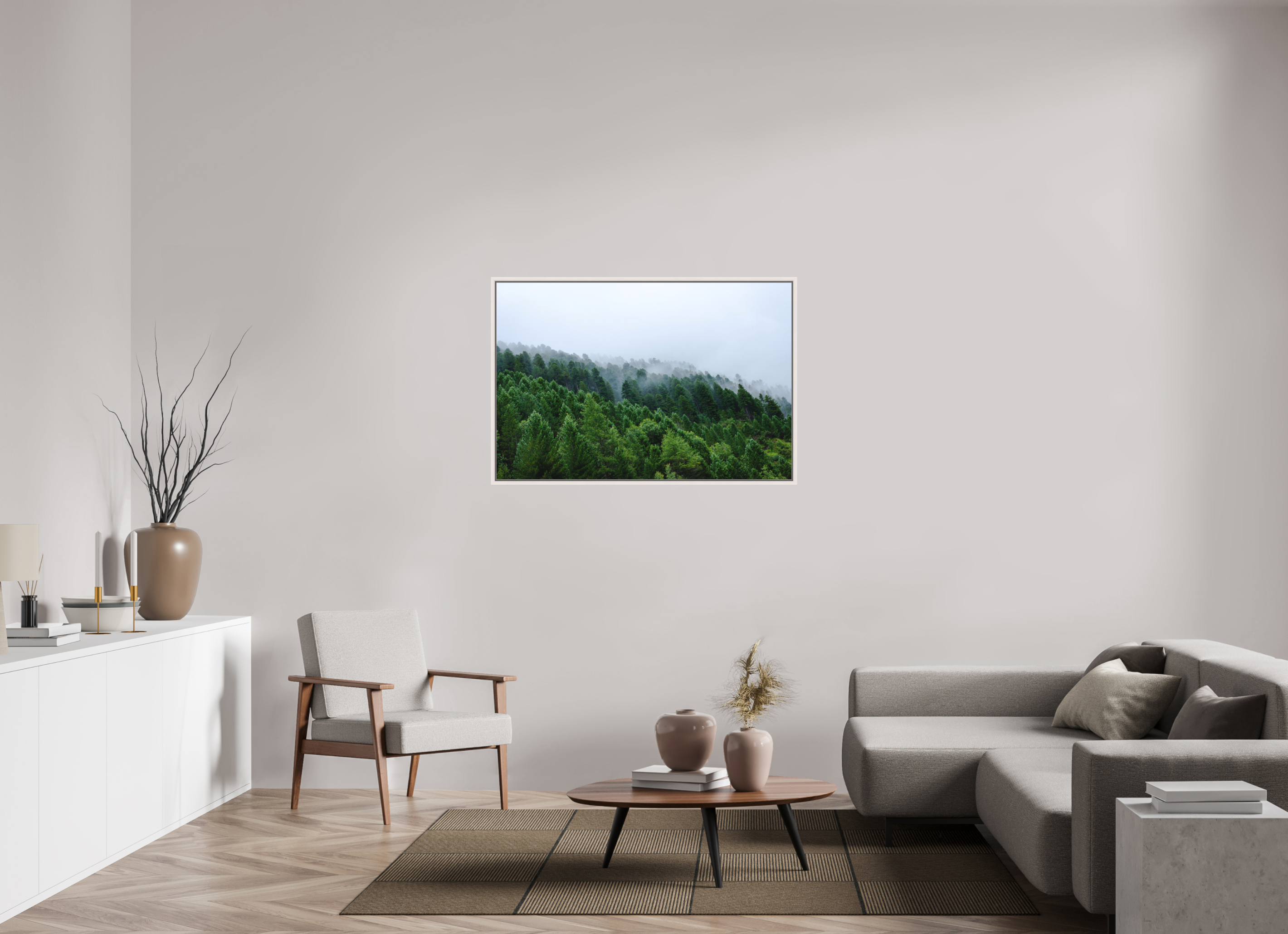 120 x 80 cm, Acrylic matt 2mm - American case 15mm - mapple white Trees lined slope 2