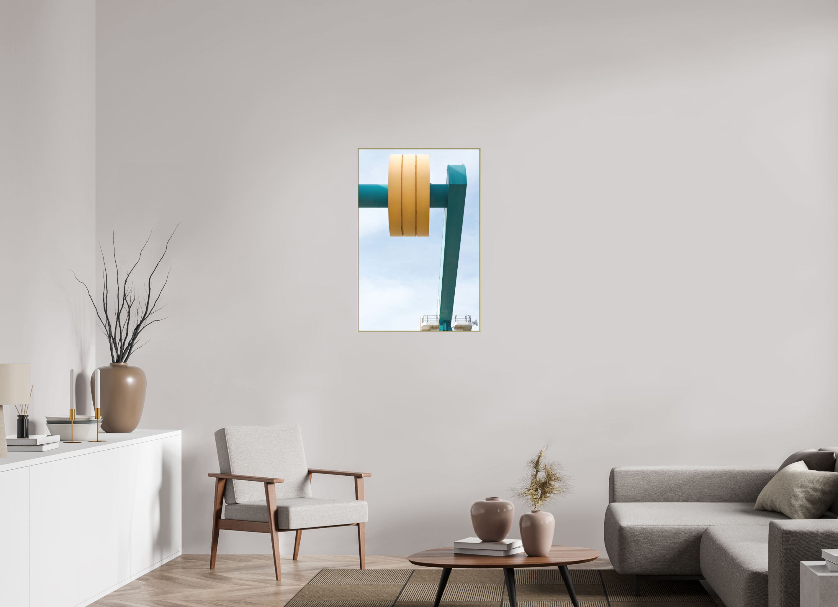 60 x 90 cm, Acrylic matt 2mm - Alu American case 25mm - gold Counterweight