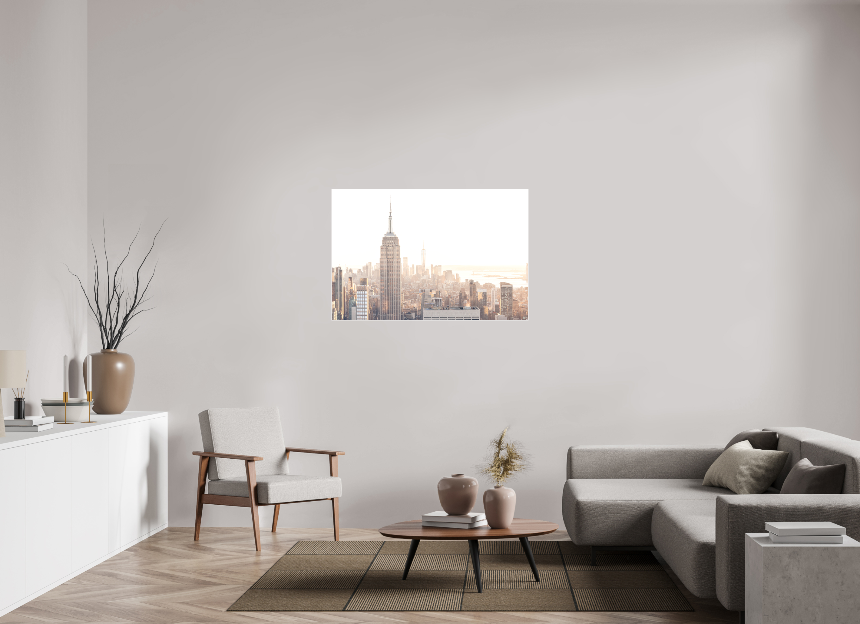 120 x 80 cm, Acrylic matt 2mm - Alu Slime Frame - white Empire State Building sunnygold