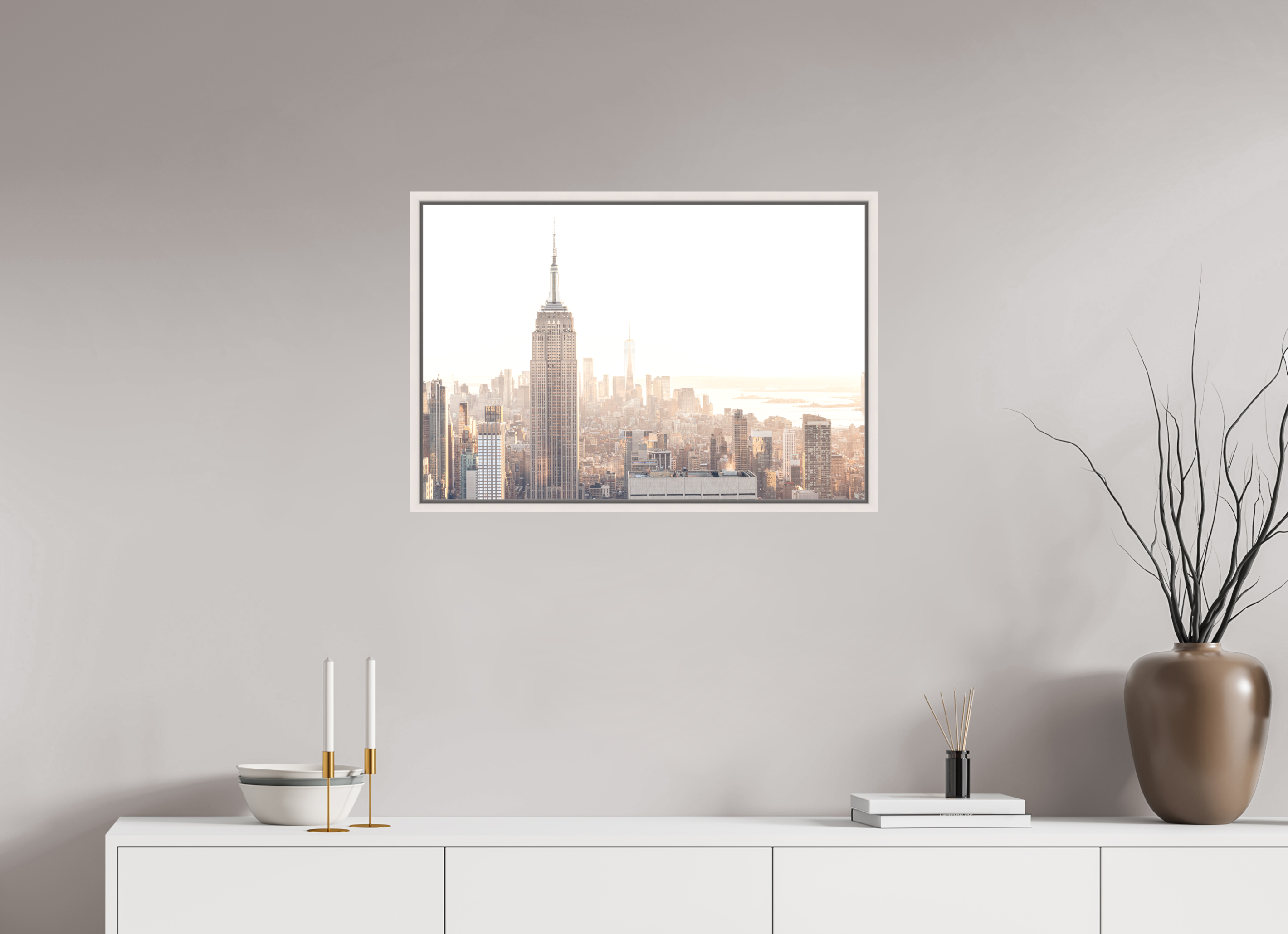 75 x 50 cm, Acrylic matt 2mm - American case 15mm - mapple white Empire State Building sunnygold