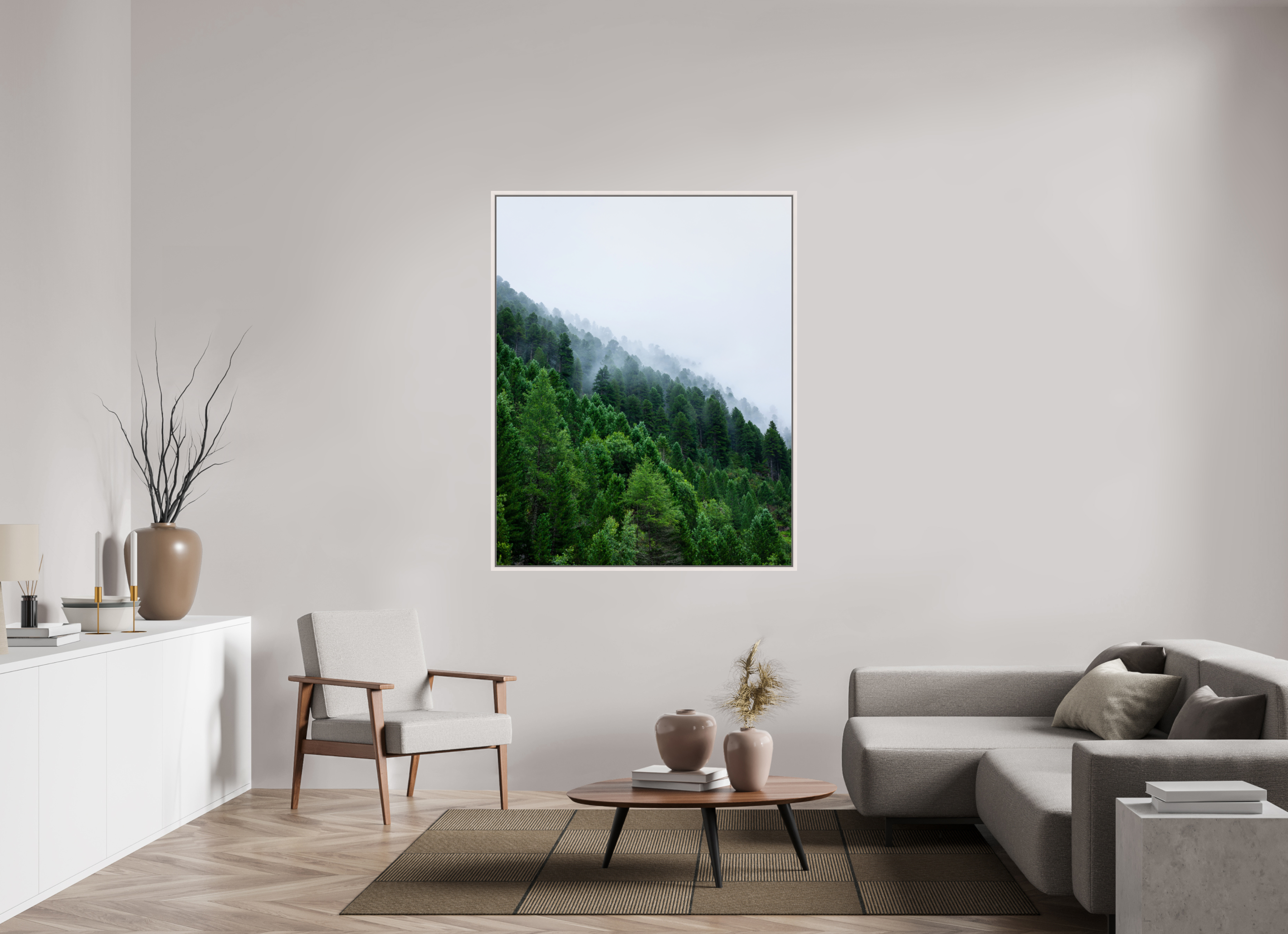 120 x 150 cm, Acrylic glossy 2mm - American case 15mm - maple white Trees lined slope