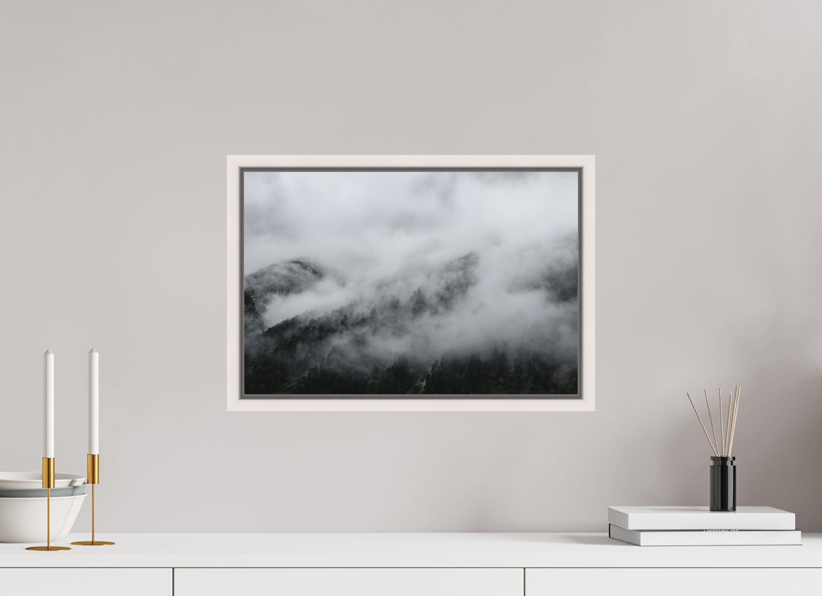 45 x 30 cm, Acrylic matt 2mm - American case 15mm - mapple white The misty Mountains