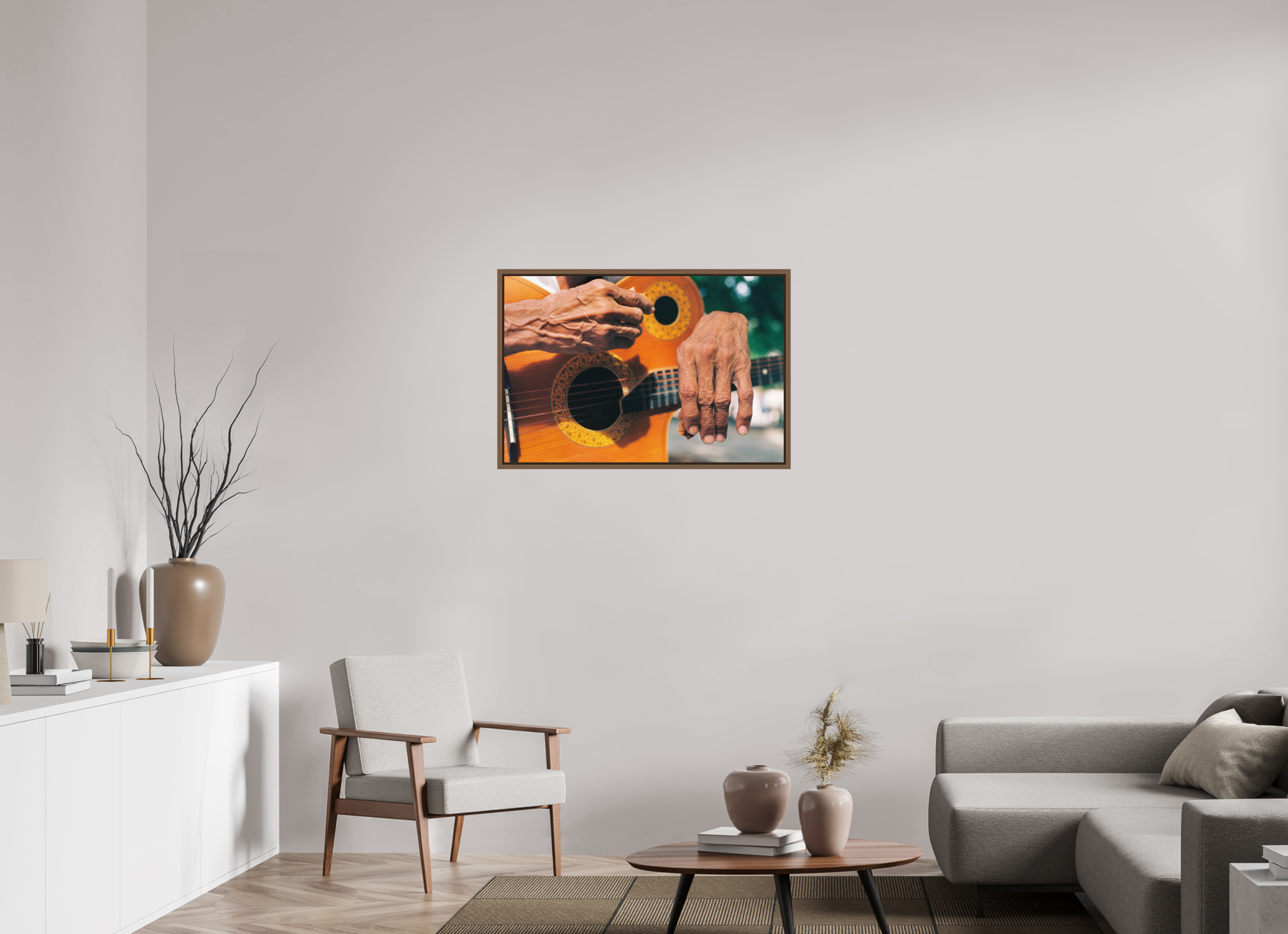 90 x 60 cm, Acrylic glossy 2mm - American case 15mm - walnut Cuban Street Guitarist