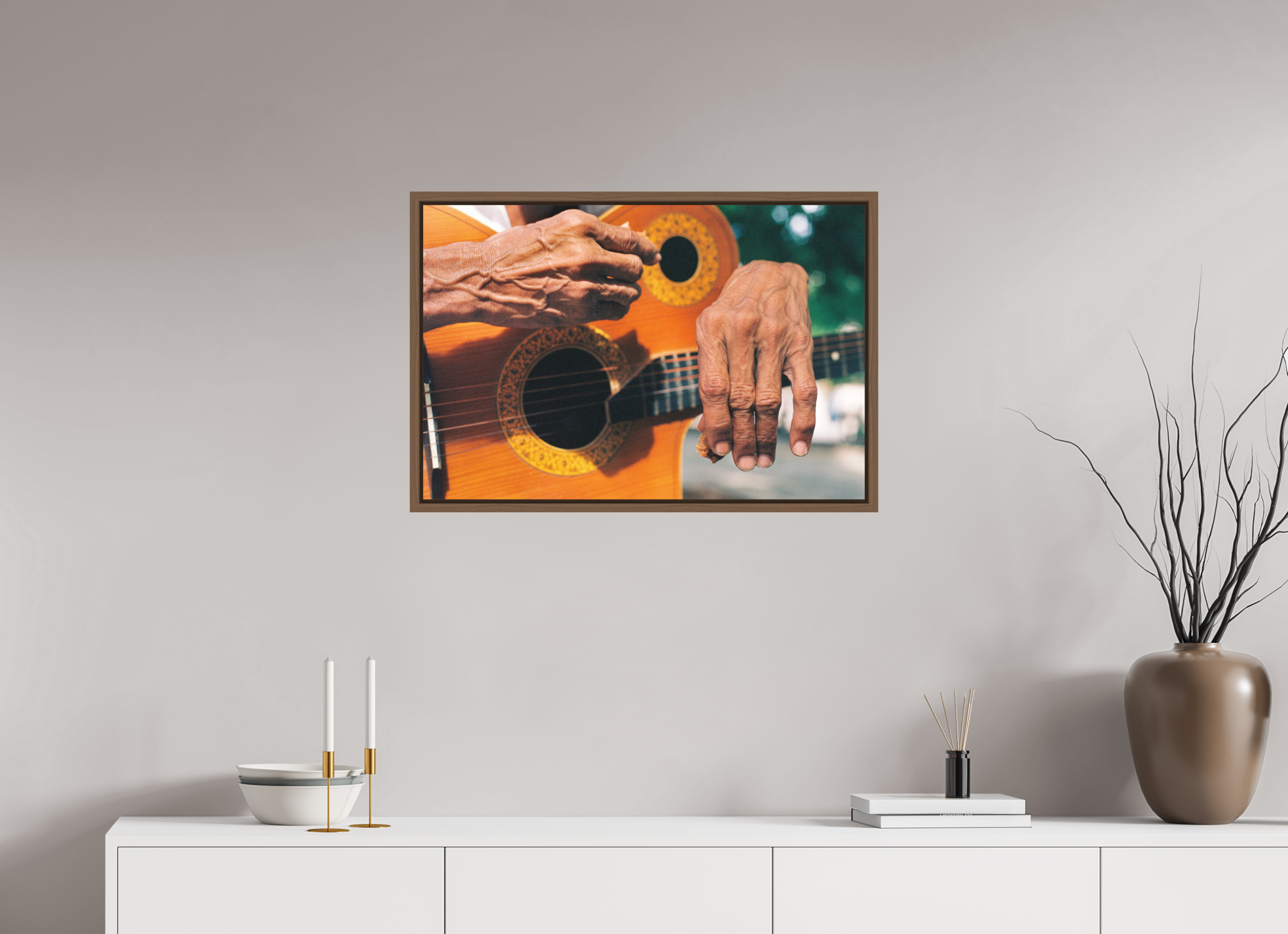 75 x 50 cm, Acrylic matt 2mm - American case 15mm - walnut Cuban Street Guitarist