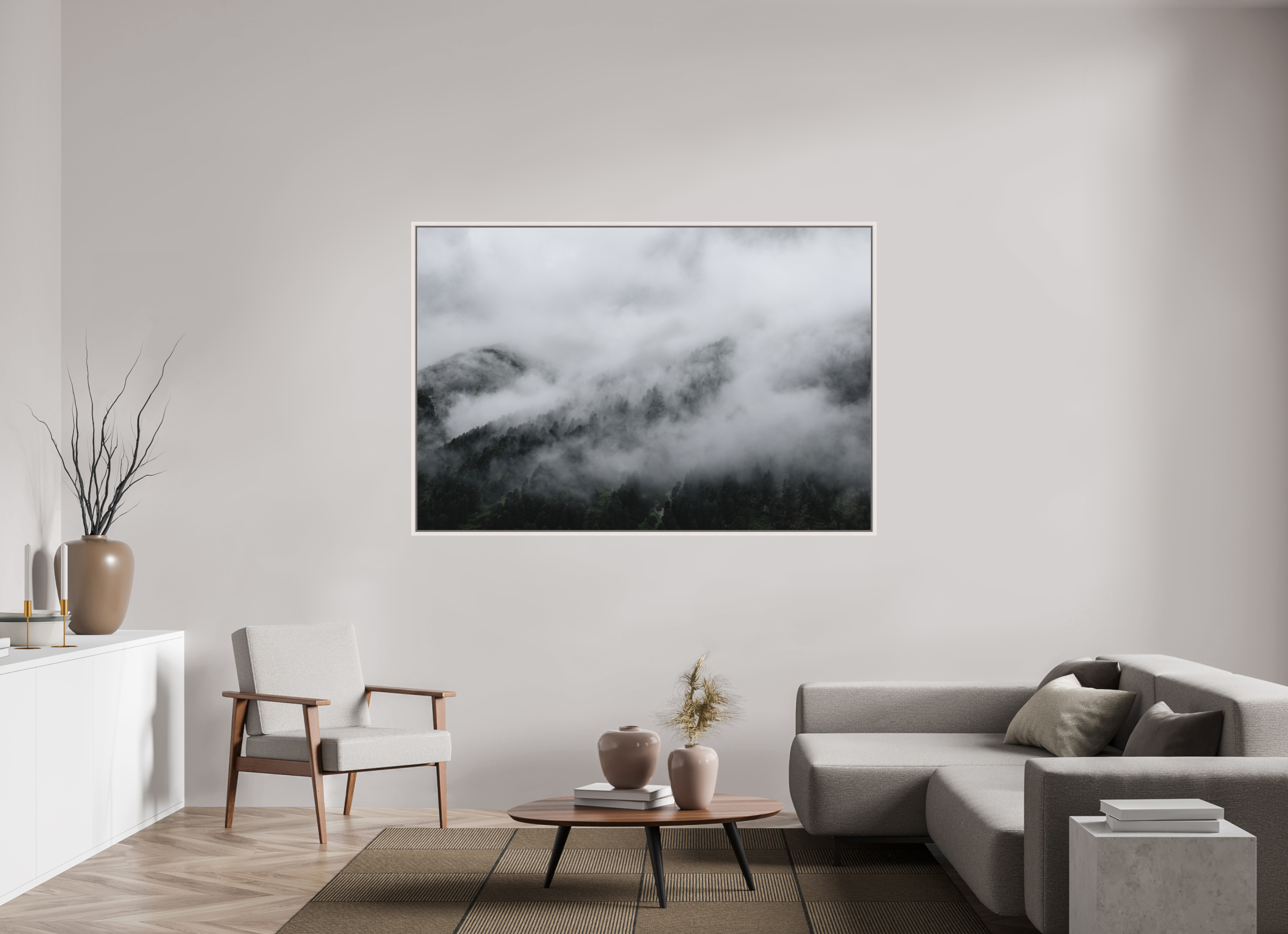 180 x 120 cm, Acrylic matt 2mm - American case 15mm - mapple white The misty Mountains