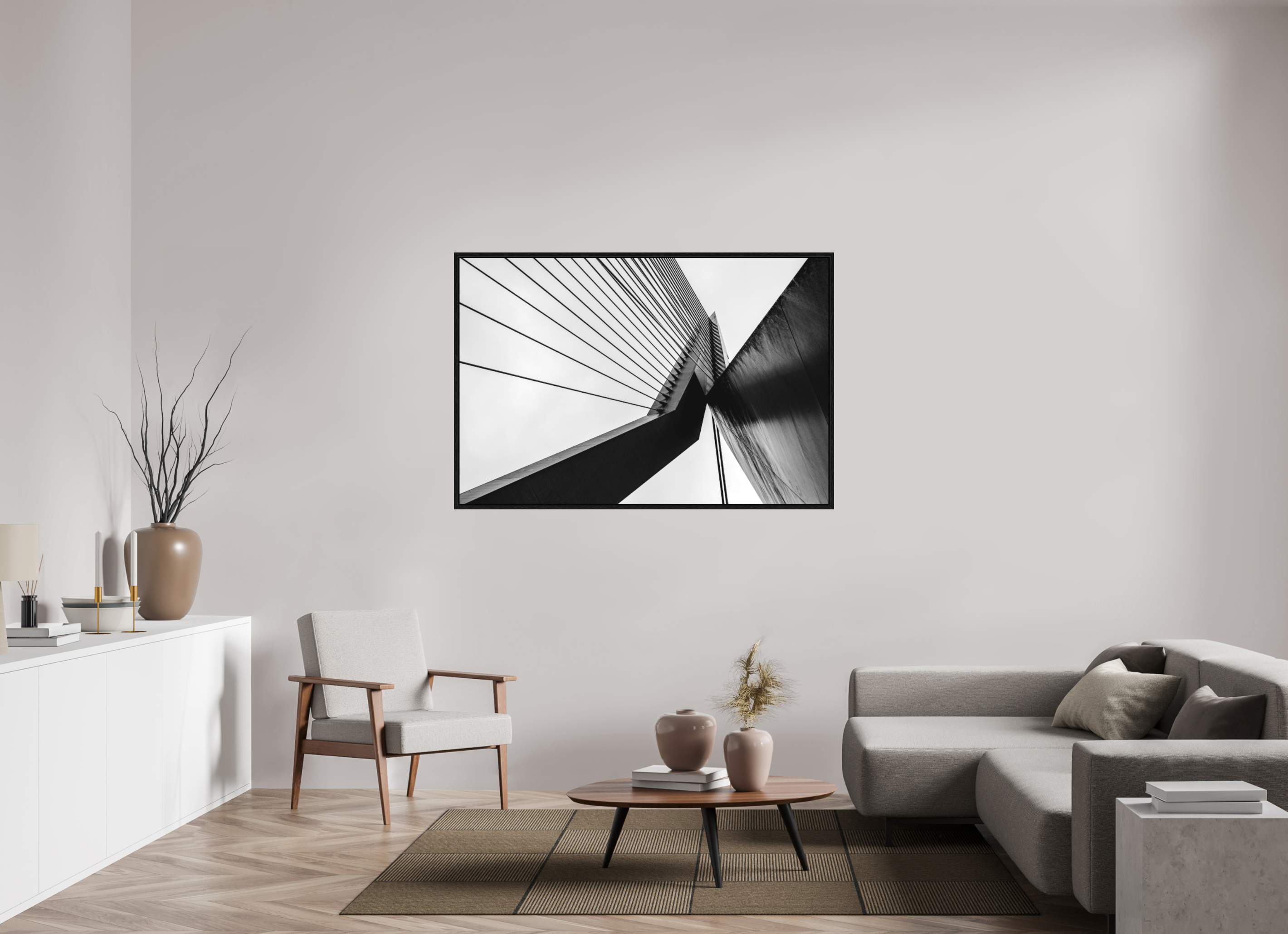 150 x 100 cm, Acrylic matt 2mm - American case 15mm - oak black Triangle