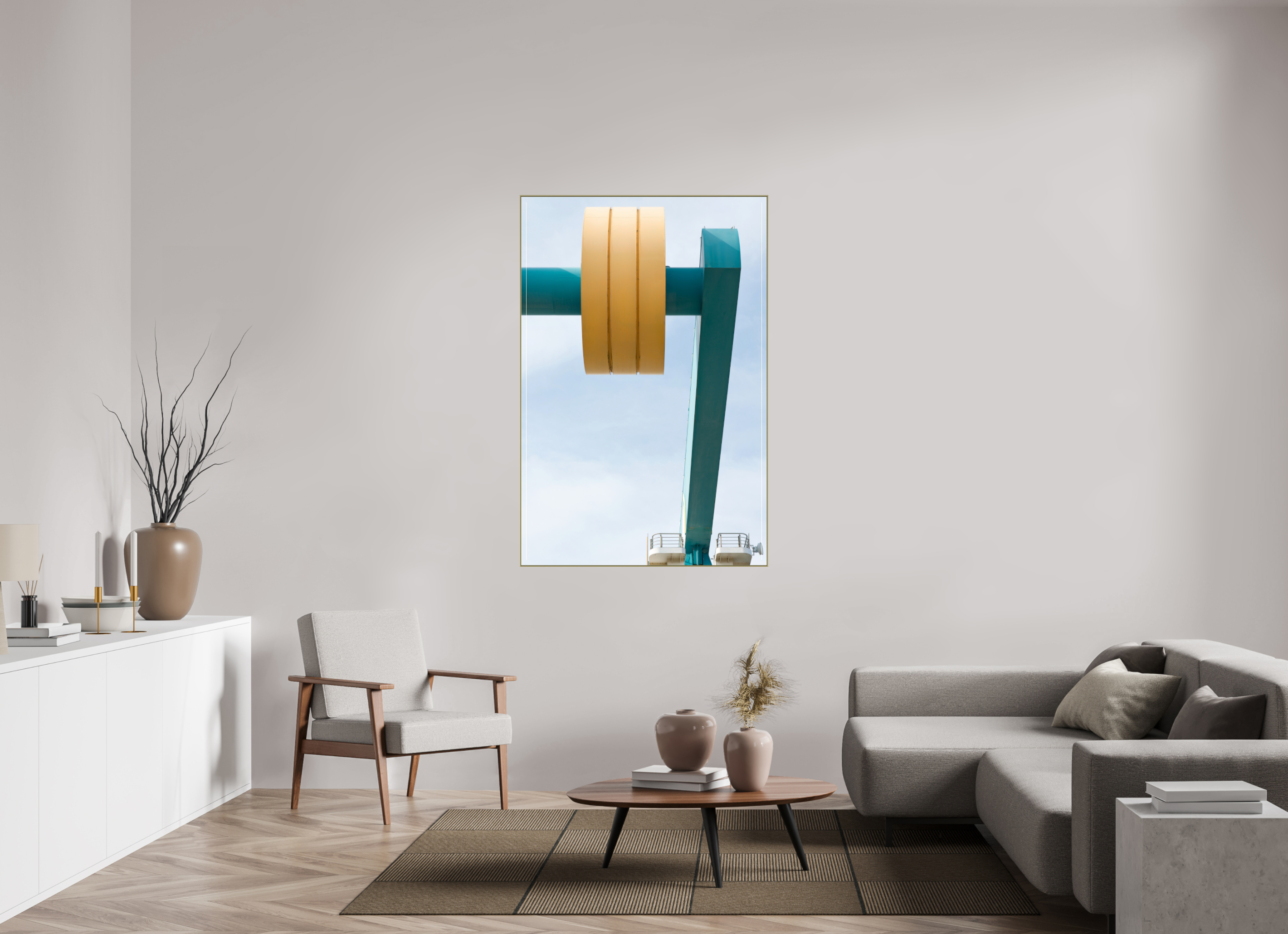 100 x 150 cm, Acrylic glossy 2mm - Alu American case 25mm - gold Counterweight