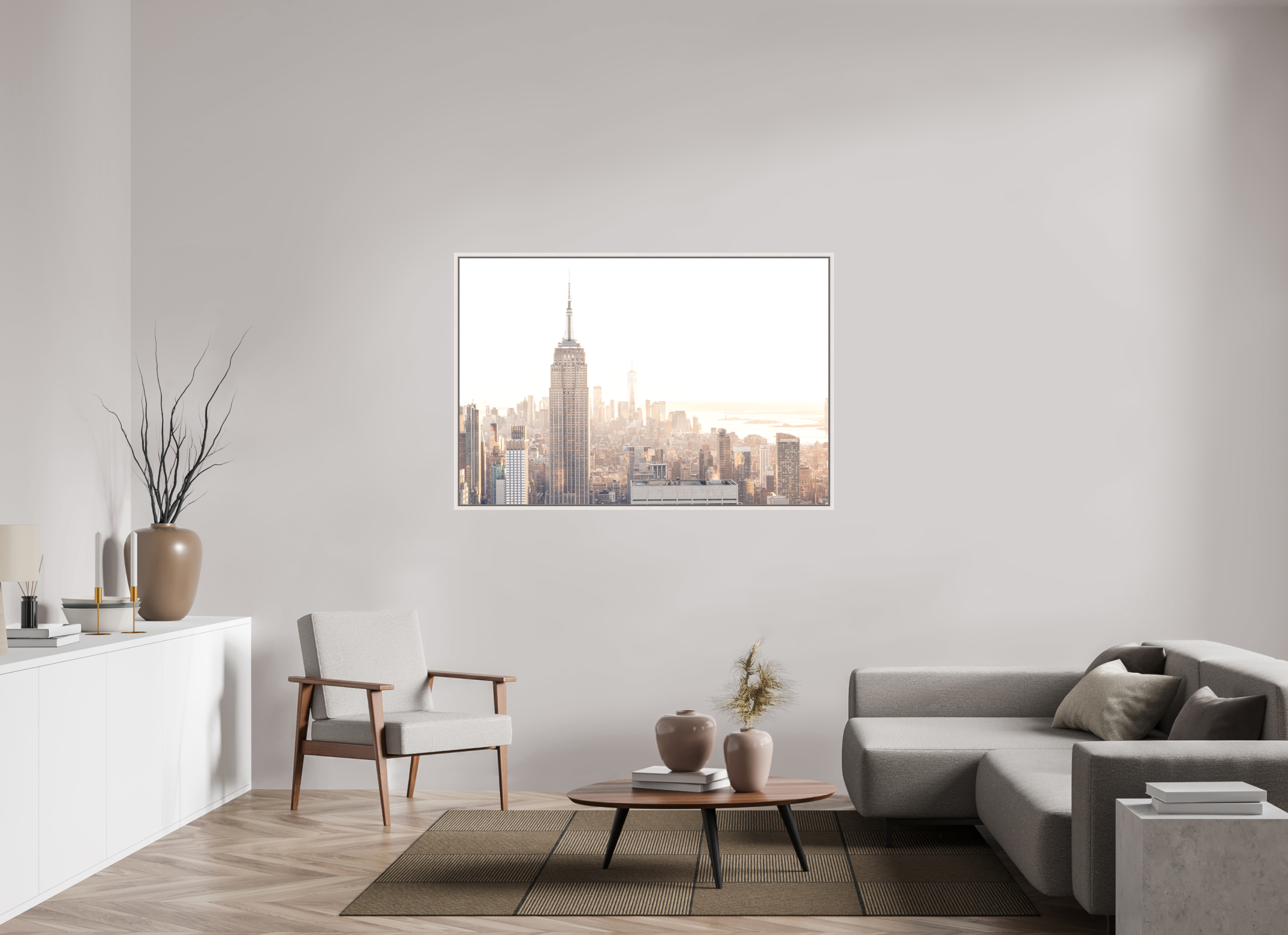 150 x 100 cm, Acrylic matt 2mm - American case 15mm - mapple white Empire State Building sunnygold